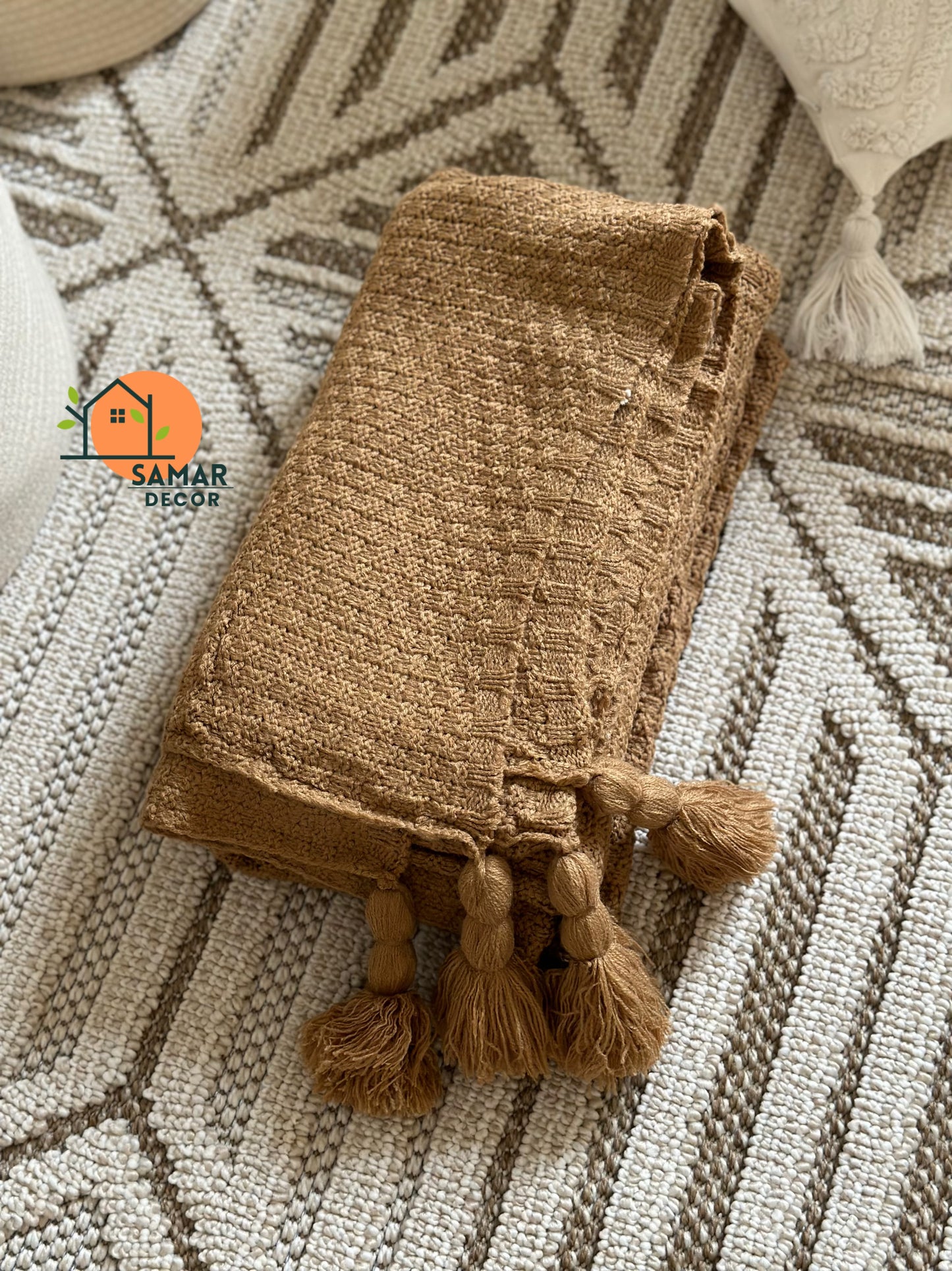 Caramel Waffle-Knit Throw with Tassels