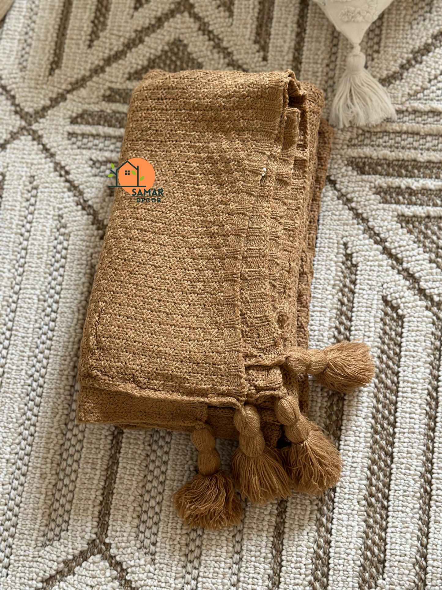Caramel Waffle-Knit Throw with Tassels