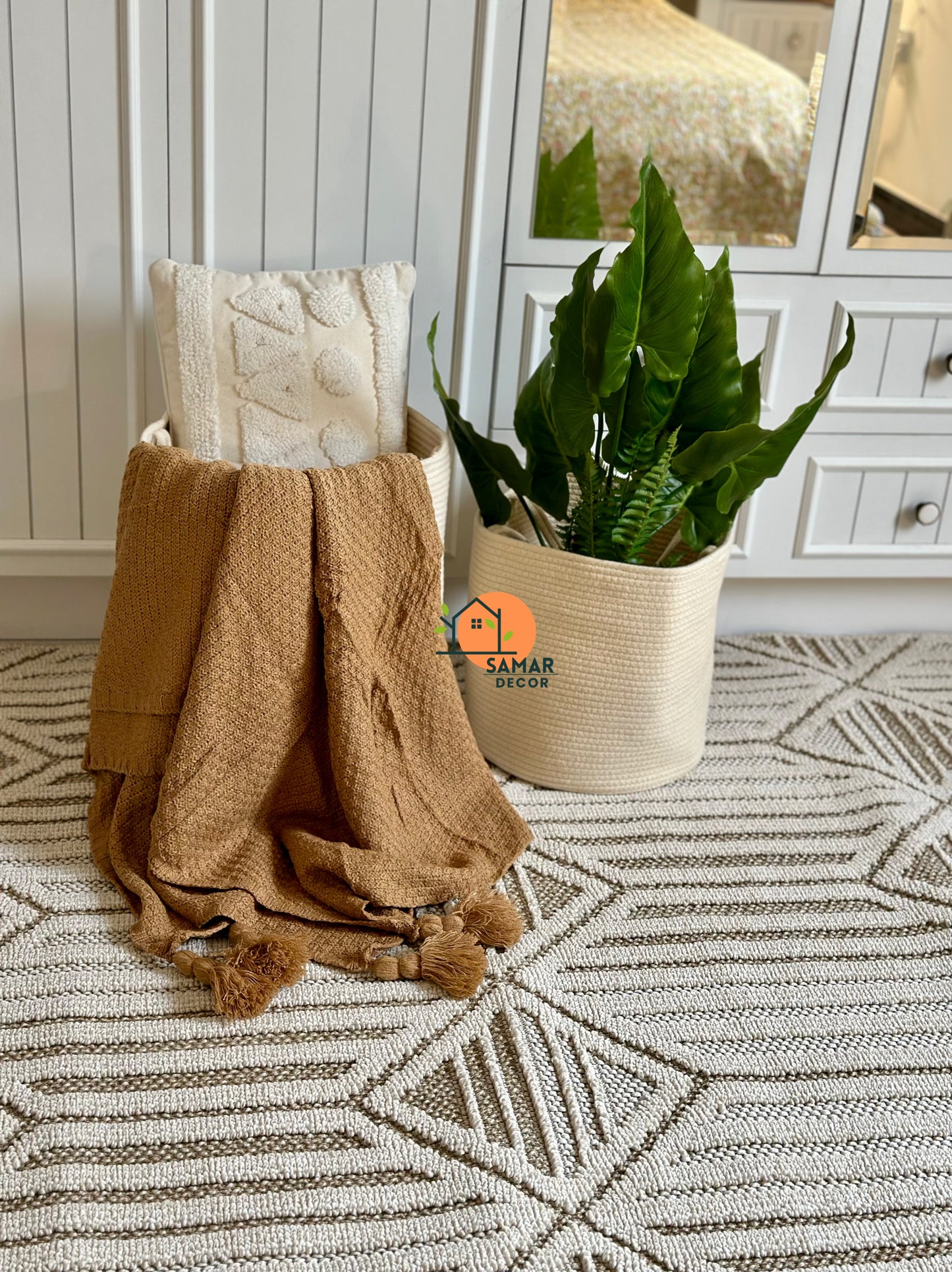 Caramel Waffle-Knit Throw with Tassels