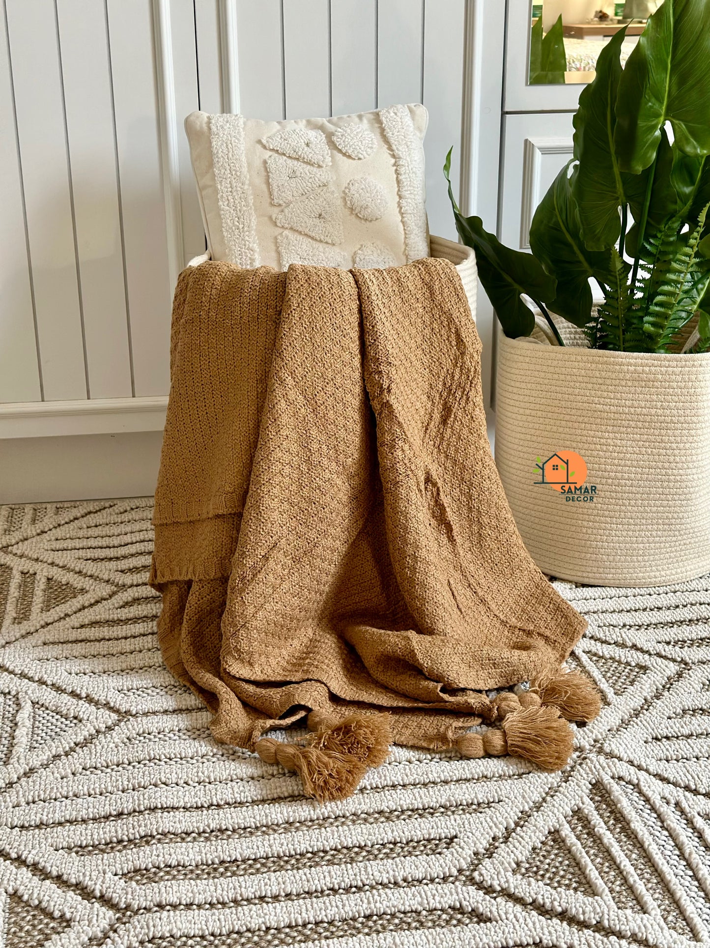 Caramel Waffle-Knit Throw with Tassels