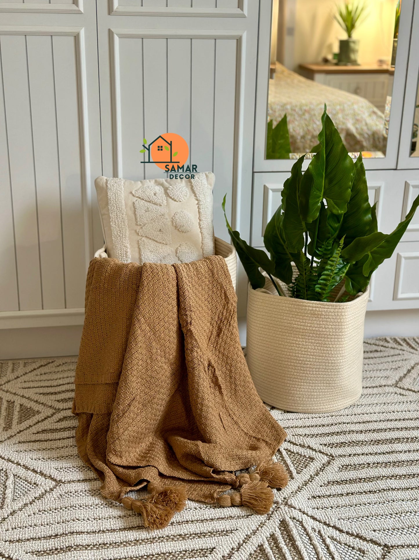 Caramel Waffle-Knit Throw with Tassels