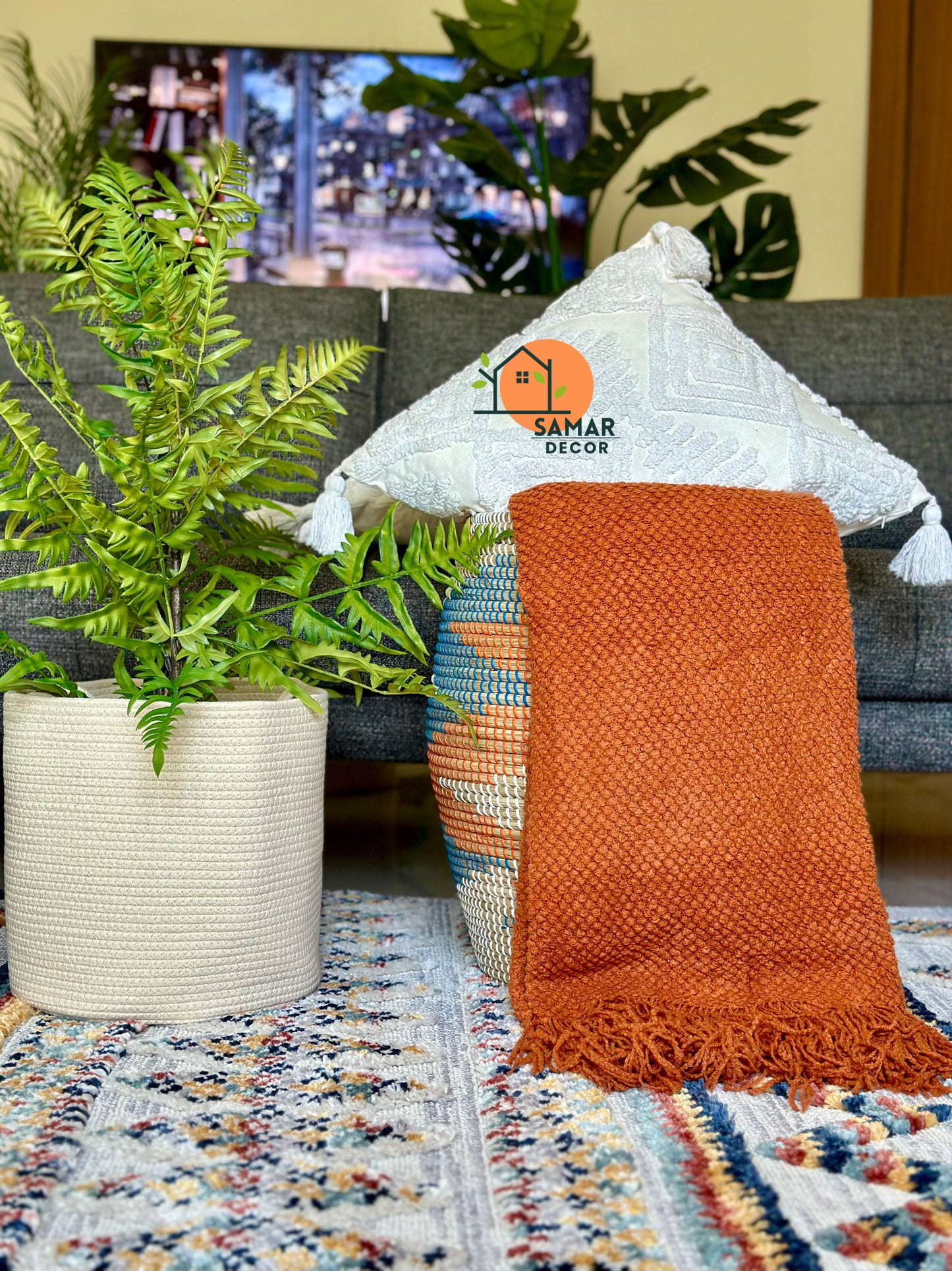 Burnt Orange Knitted Throw Blanket with Tassels – Warm & Earthy Accent