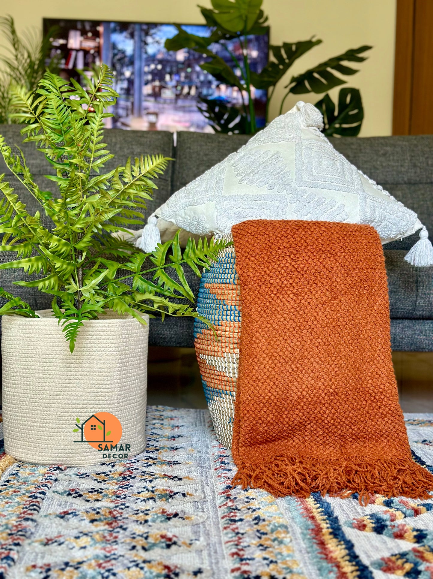 Burnt Orange Knitted Throw Blanket with Tassels – Warm & Earthy Accent