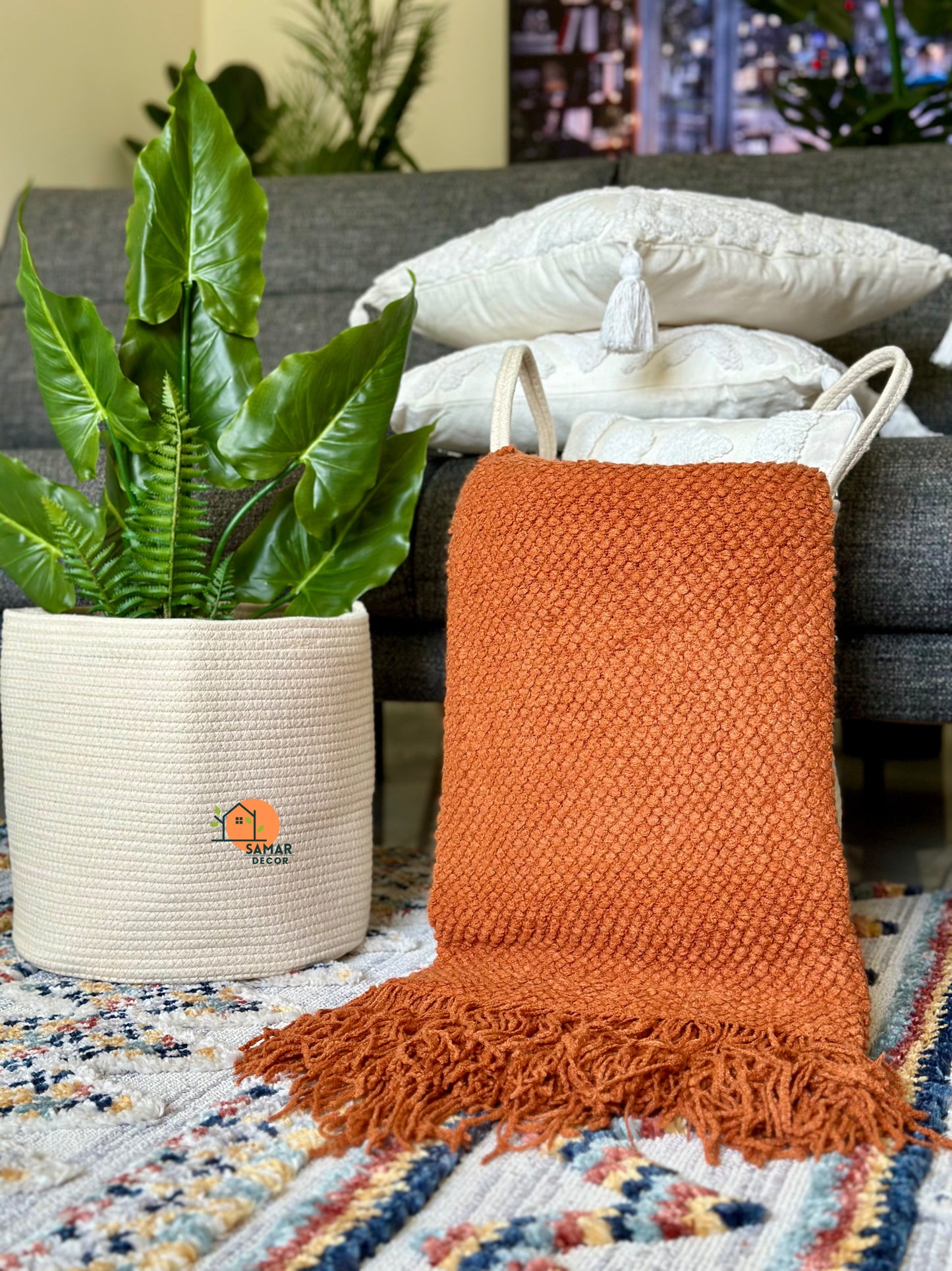 Burnt Orange Knitted Throw Blanket with Tassels – Warm & Earthy Accent