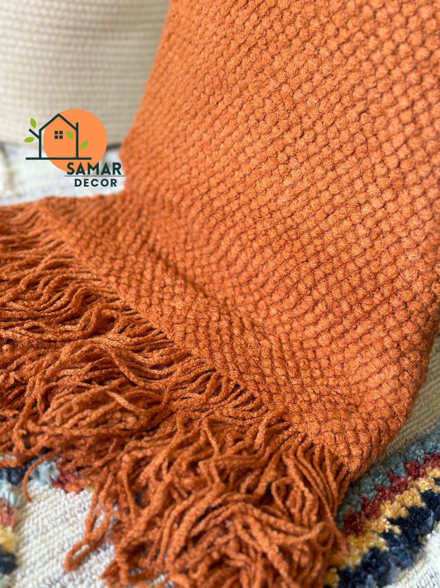 Burnt Orange Knitted Throw Blanket with Tassels – Warm & Earthy Accent