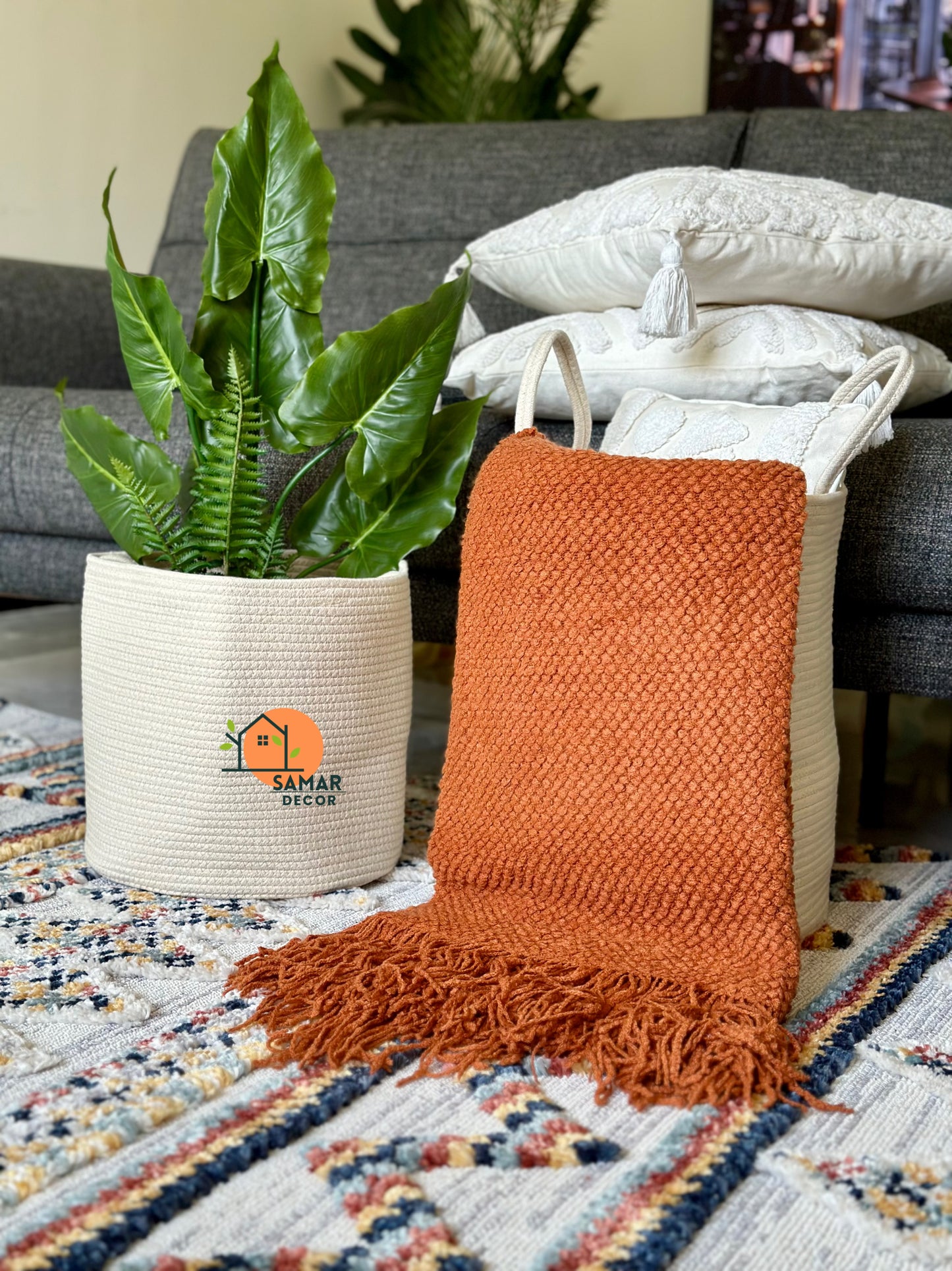 Burnt Orange Knitted Throw Blanket with Tassels – Warm & Earthy Accent