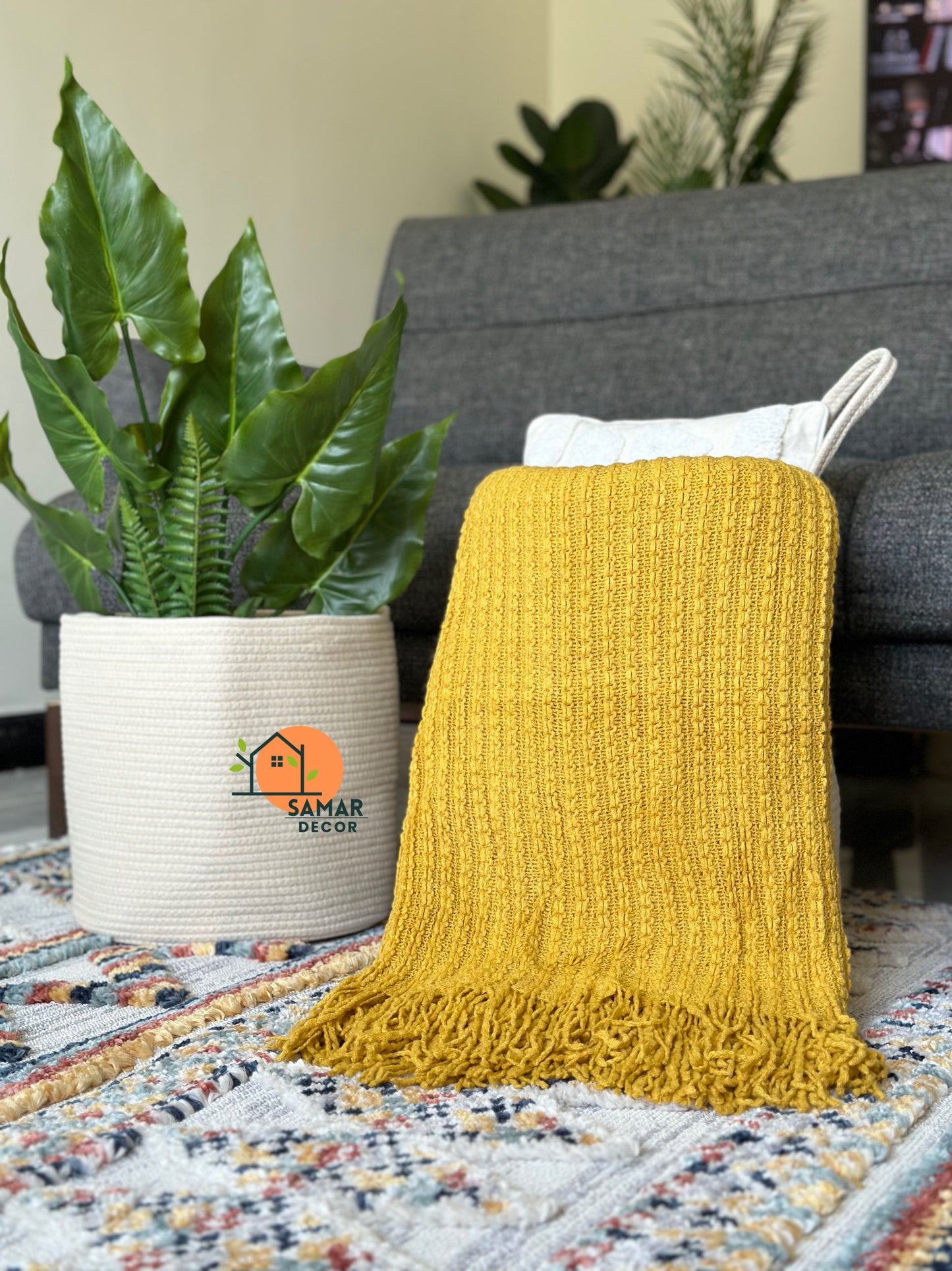 Mustard Yellow Textured Throw with Fringes