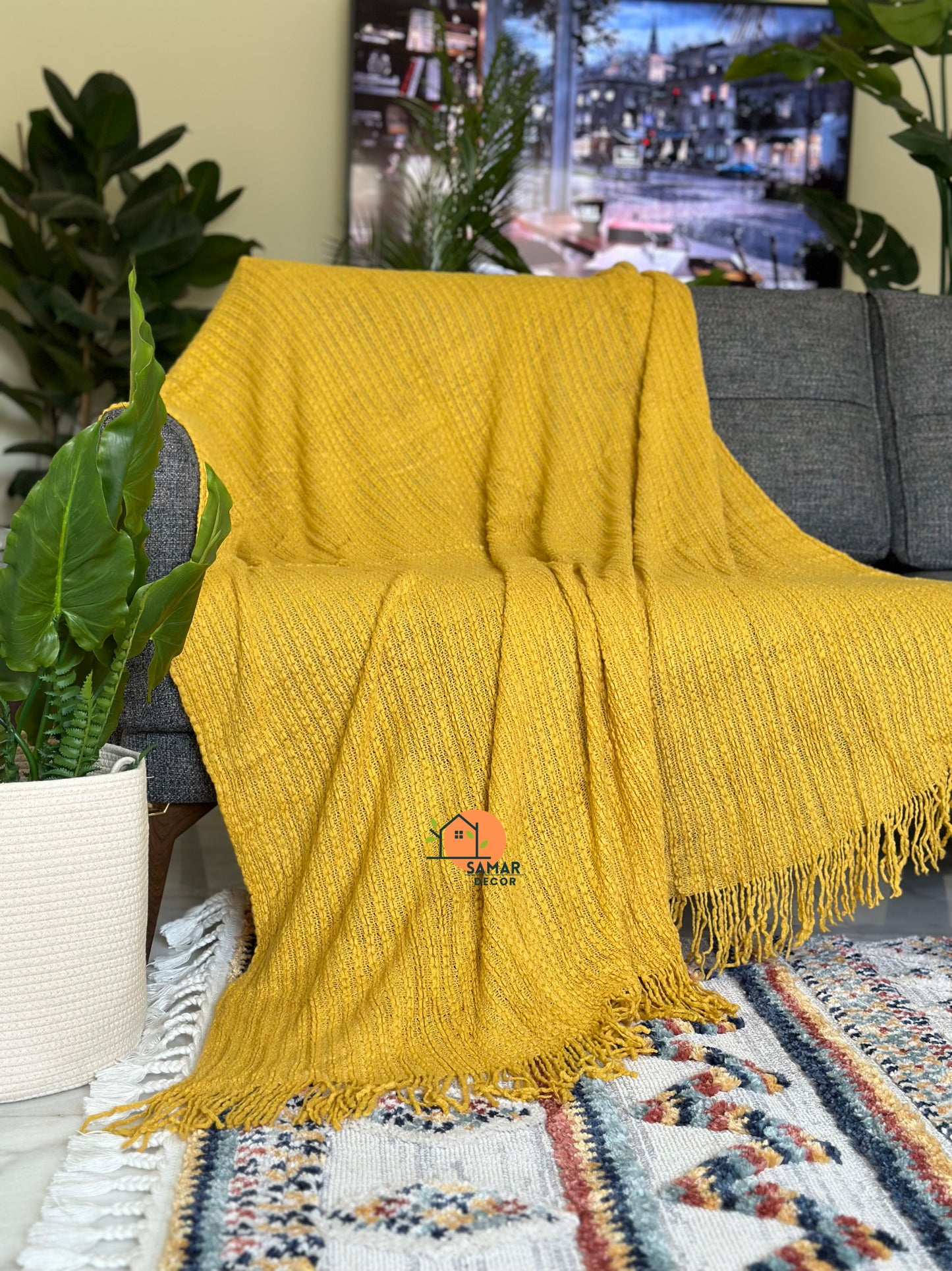 Mustard Yellow Textured Throw with Fringes