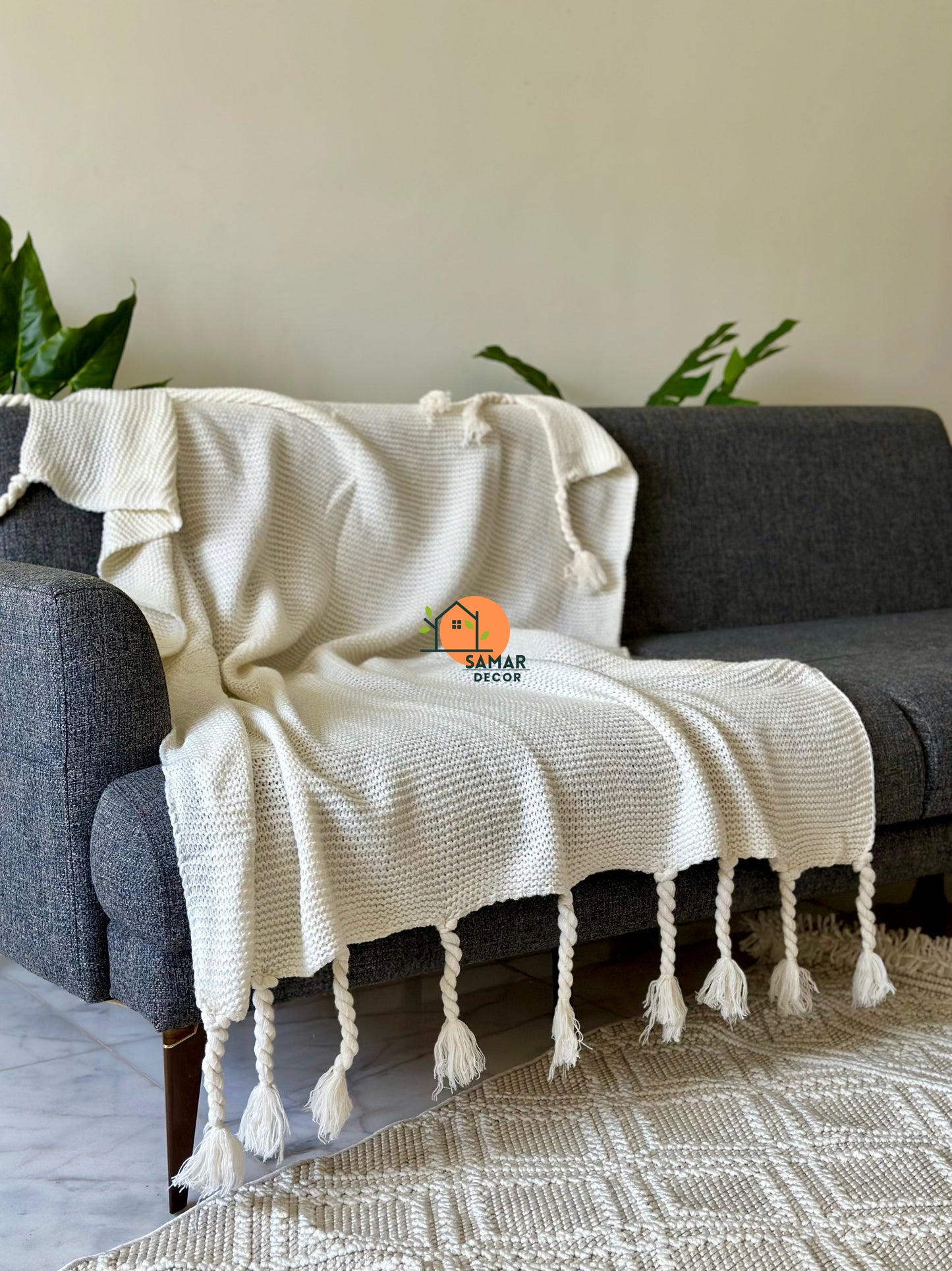 Cream Textured Throw Blanket with Chunky Twisted Tassels