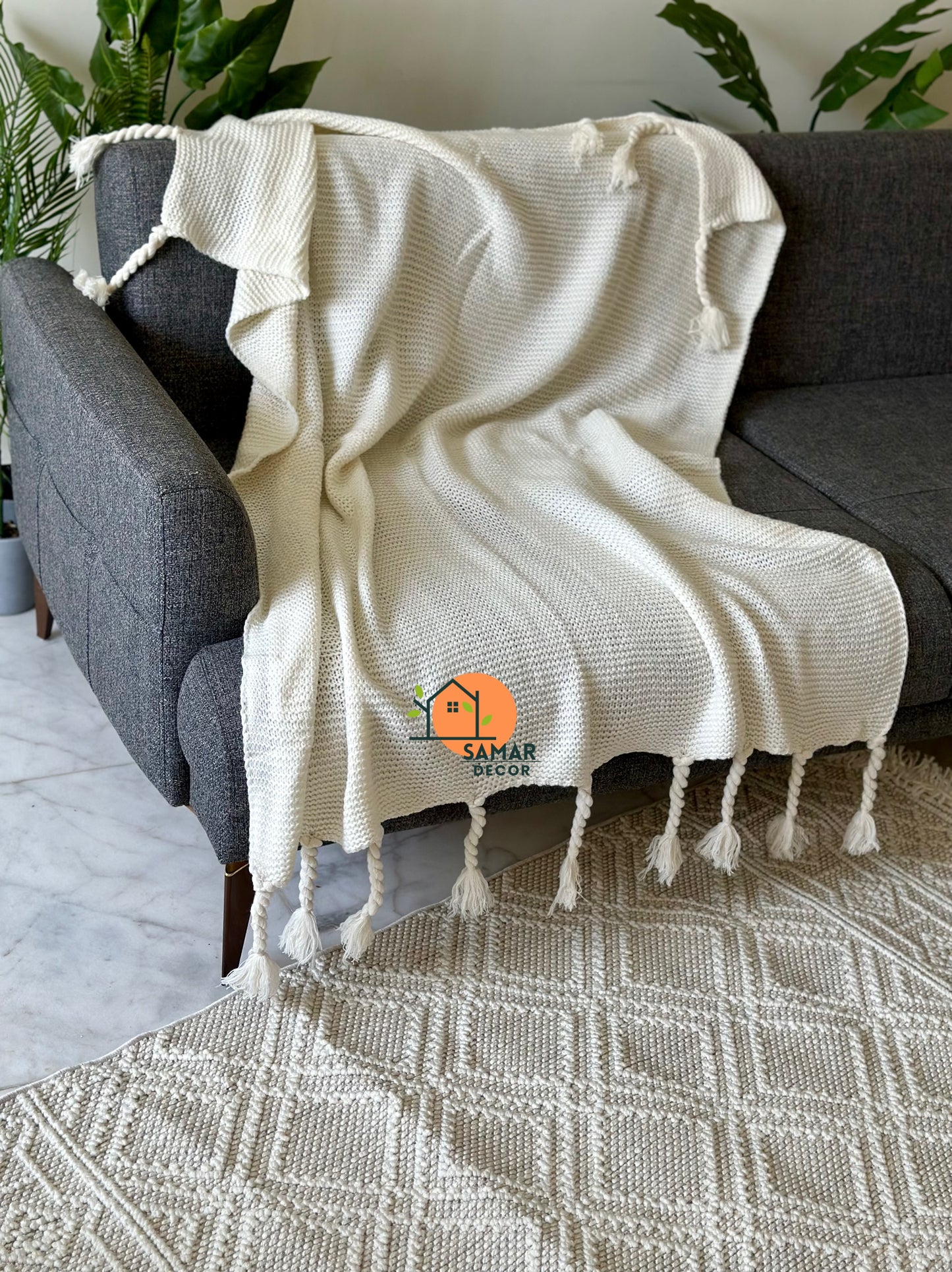 Cream Textured Throw Blanket with Chunky Twisted Tassels