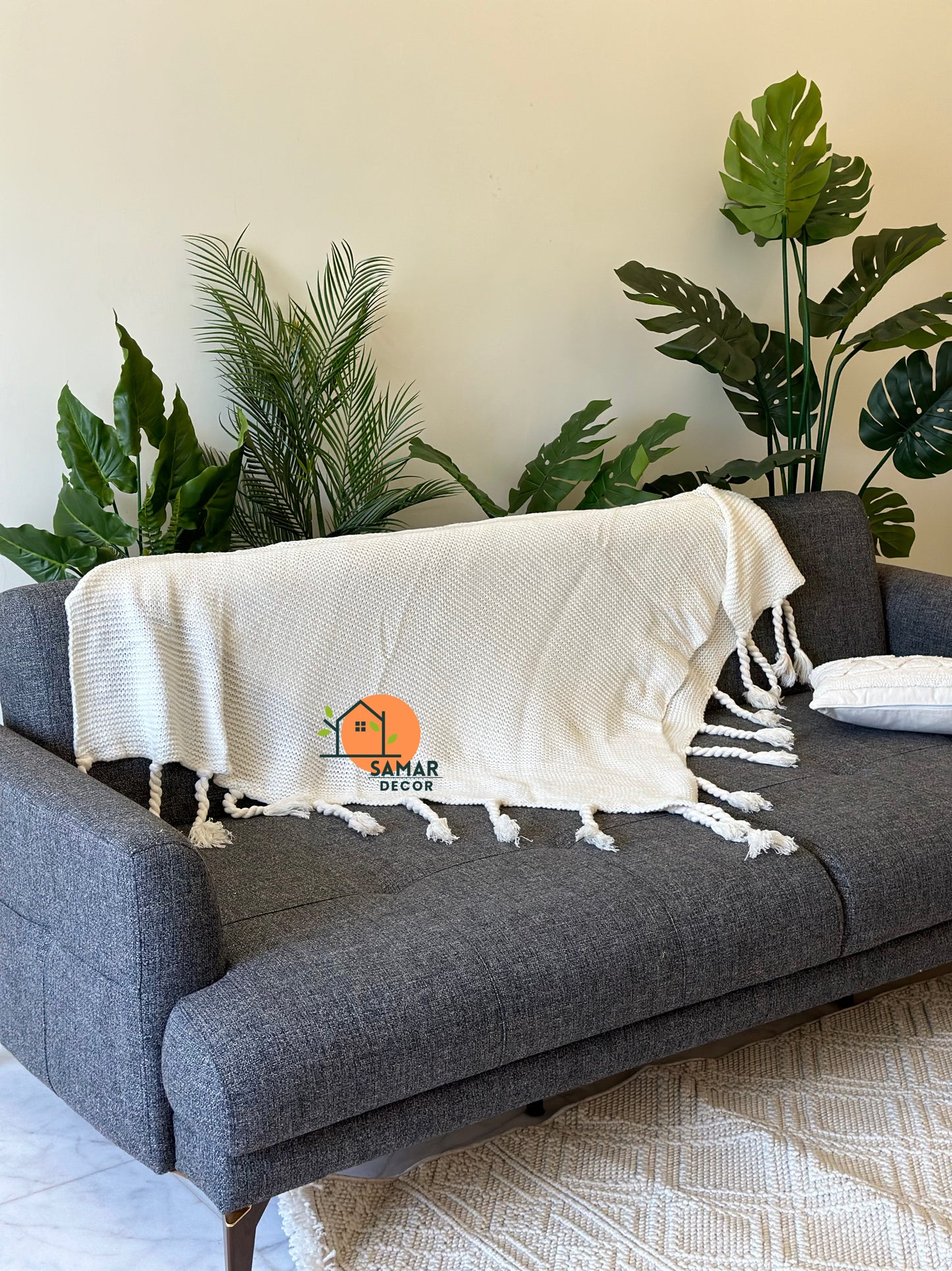 Cream Textured Throw Blanket with Chunky Twisted Tassels