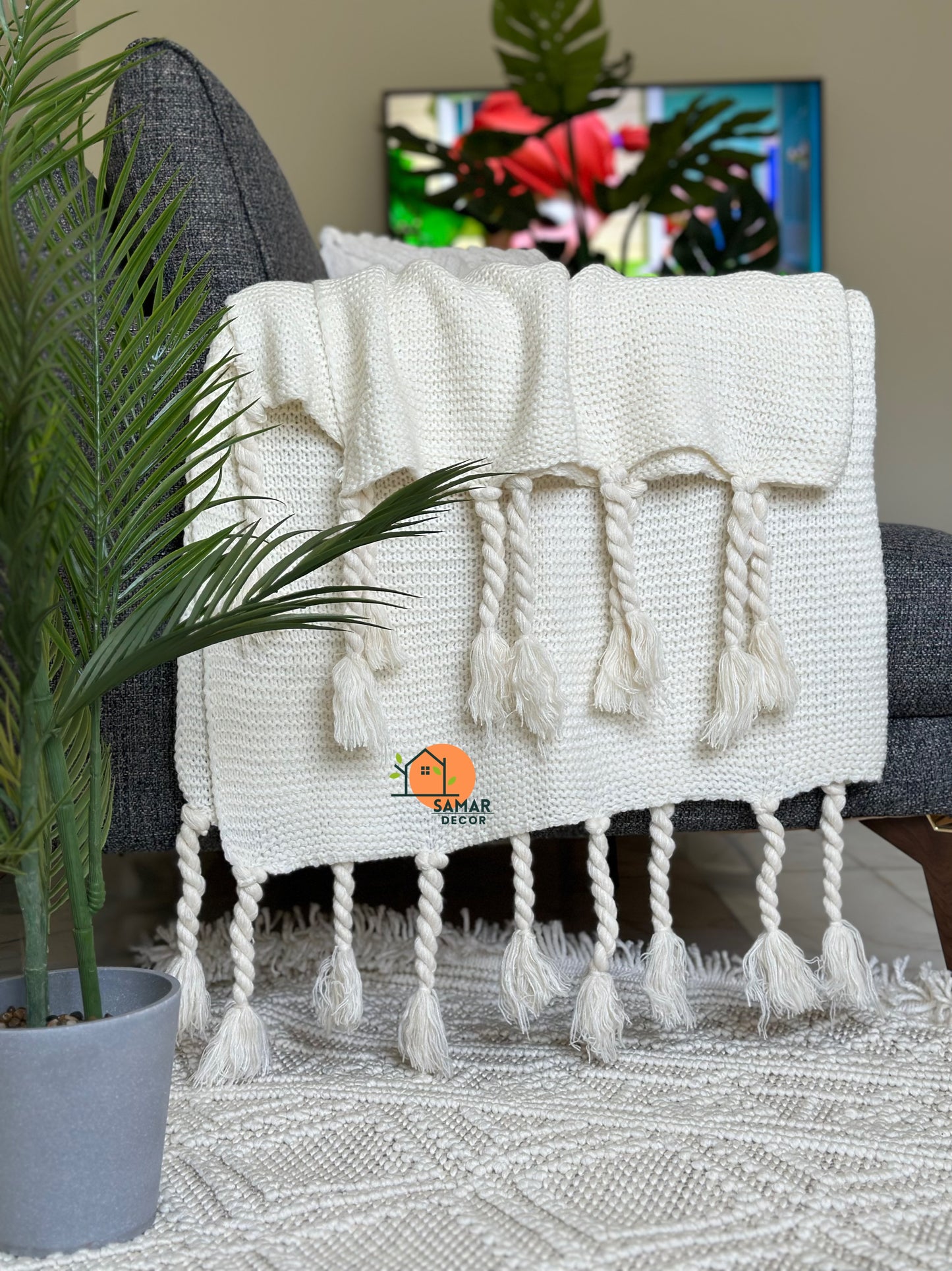 Cream Textured Throw Blanket with Chunky Twisted Tassels