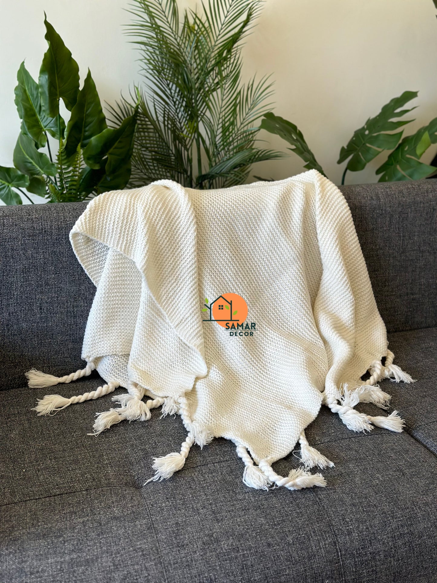Cream Textured Throw Blanket with Chunky Twisted Tassels