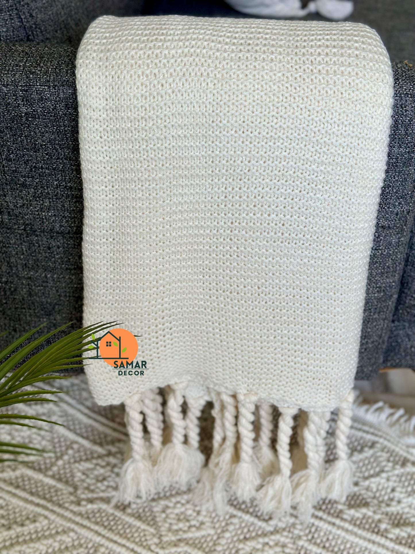 Cream Textured Throw Blanket with Chunky Twisted Tassels