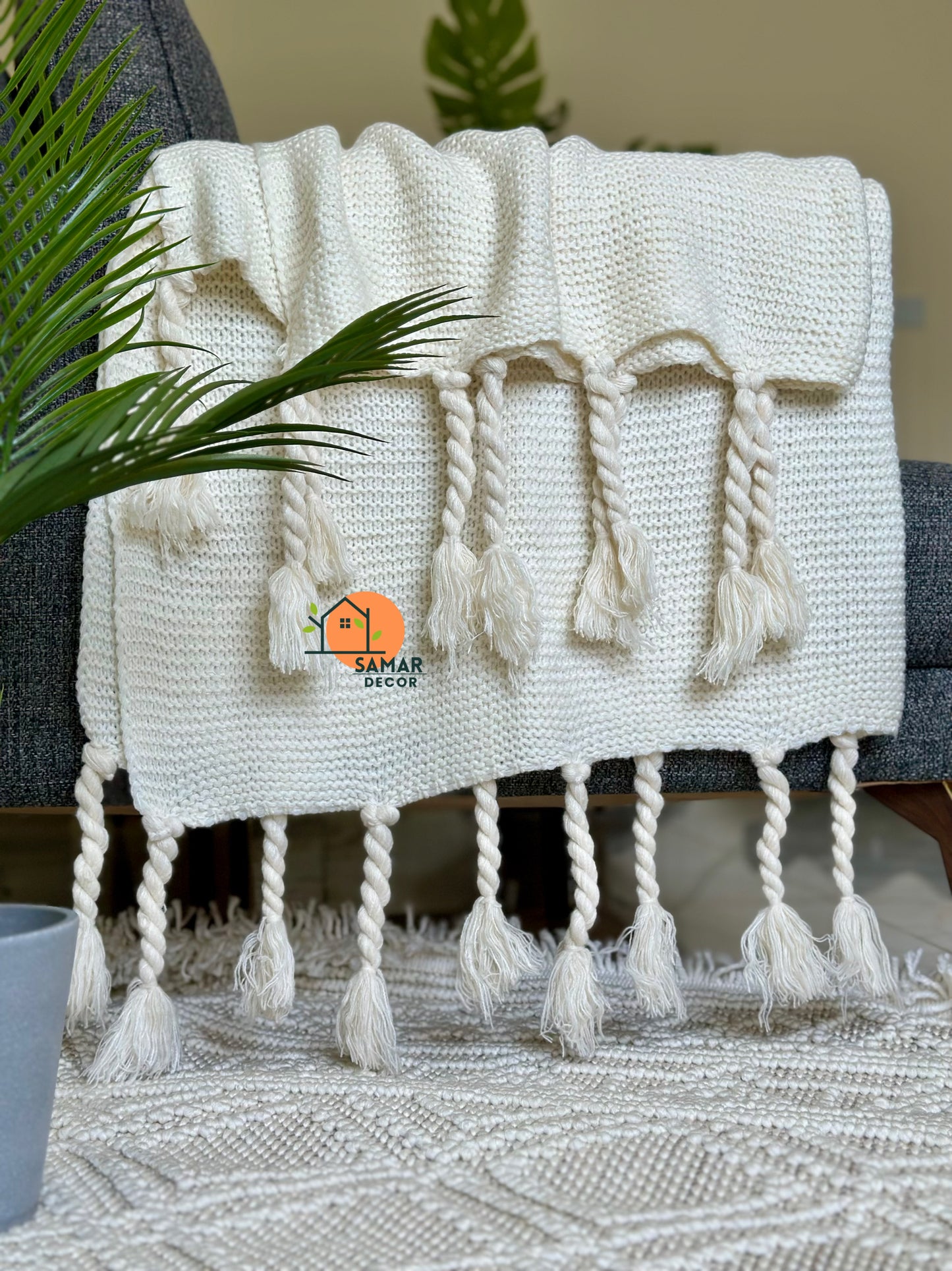 Cream Textured Throw Blanket with Chunky Twisted Tassels