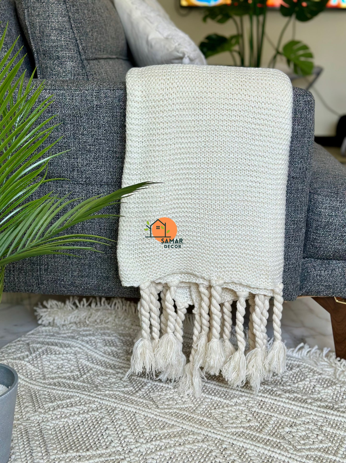 Cream Textured Throw Blanket with Chunky Twisted Tassels