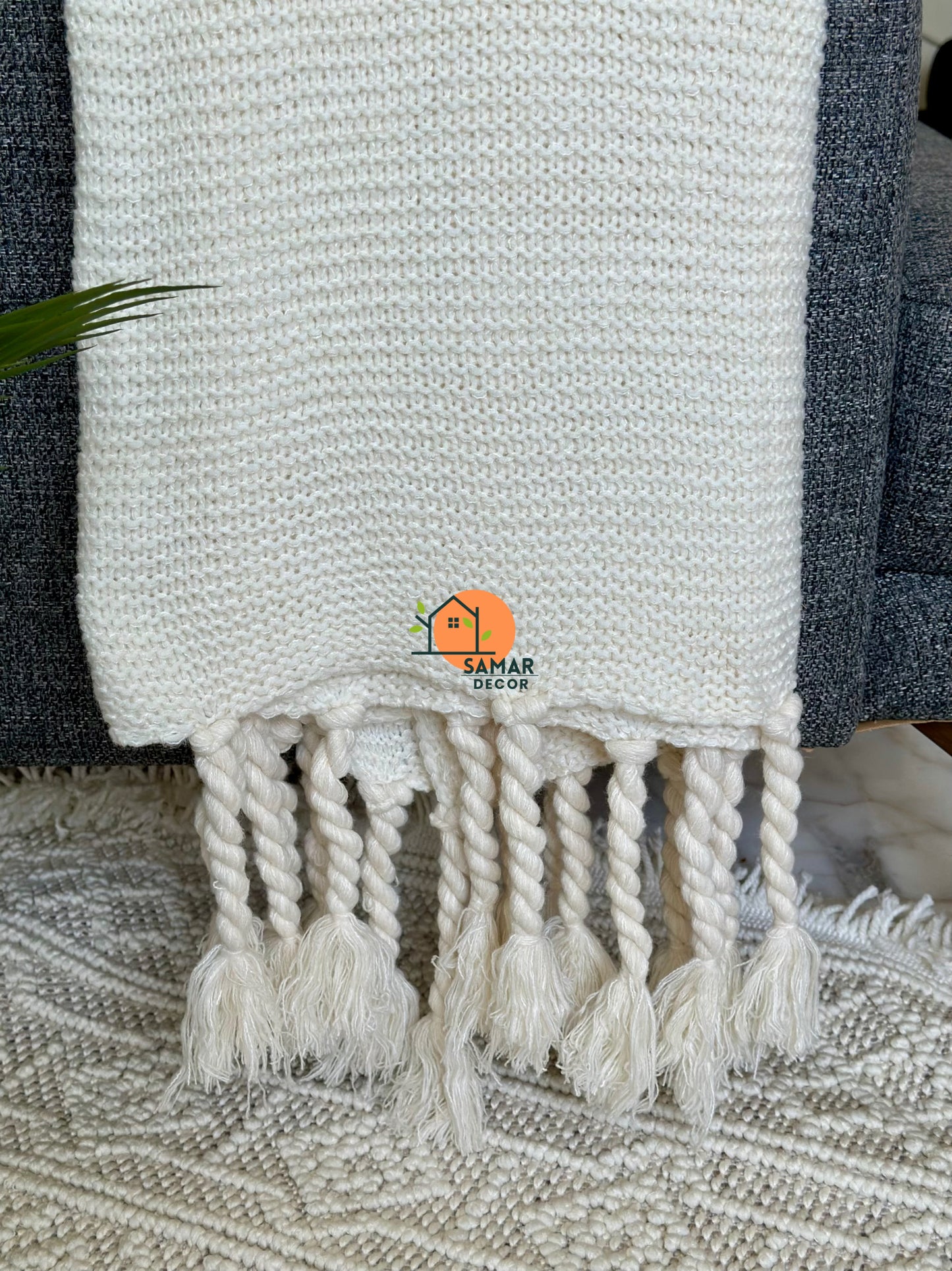 Cream Textured Throw Blanket with Chunky Twisted Tassels