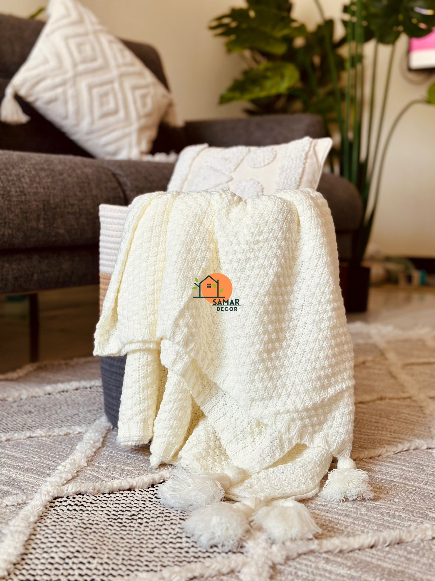 Cream Textured Throw Blanket with Chunky Twisted Tassels