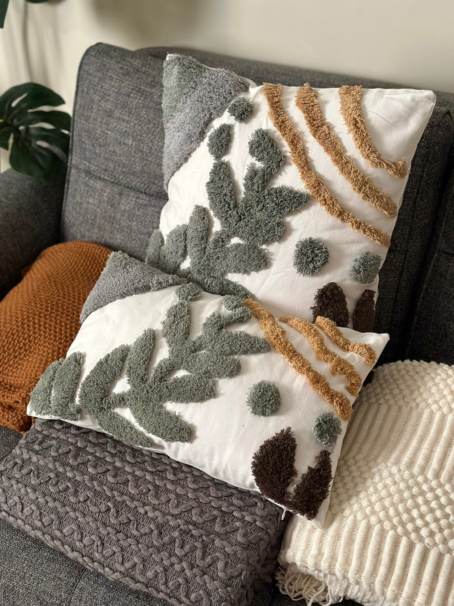 Textured Nature-Inspired Tufted Cushion Set – Earthy Green & Taupe Tones CODE 3305 3L