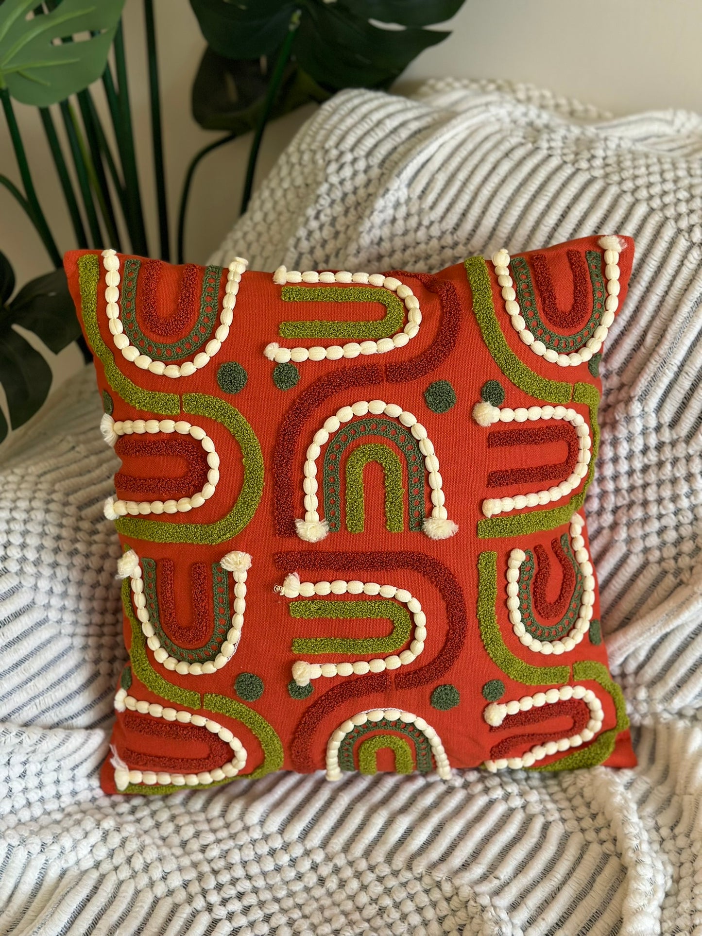 Boho Rainbow Embroidered Cushion with Pom-Pom Detailing CODE 3323 R