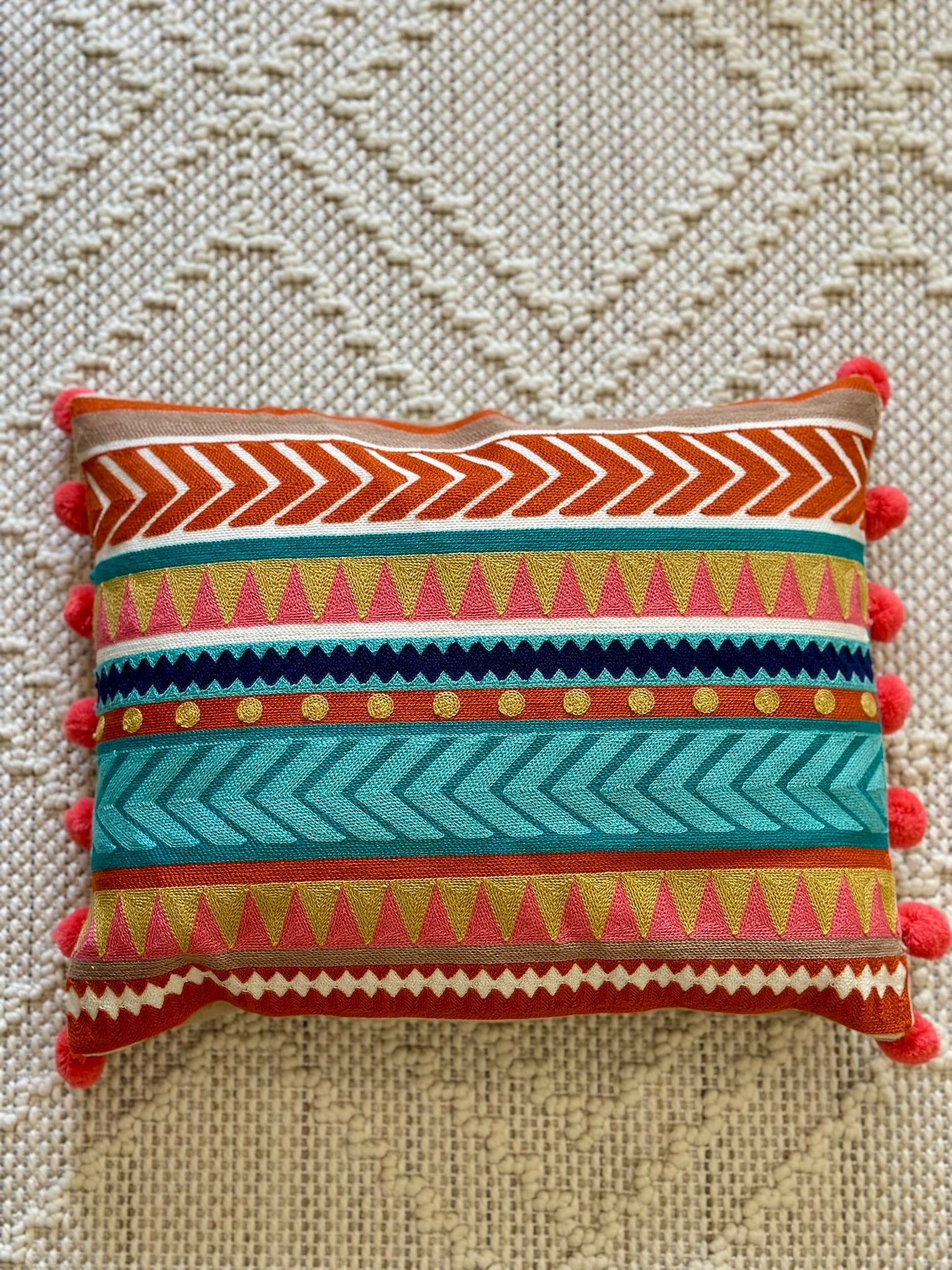 Boho Tribal Pattern Cushion – Multicolor with Pom-Pom Sides CODE 3325