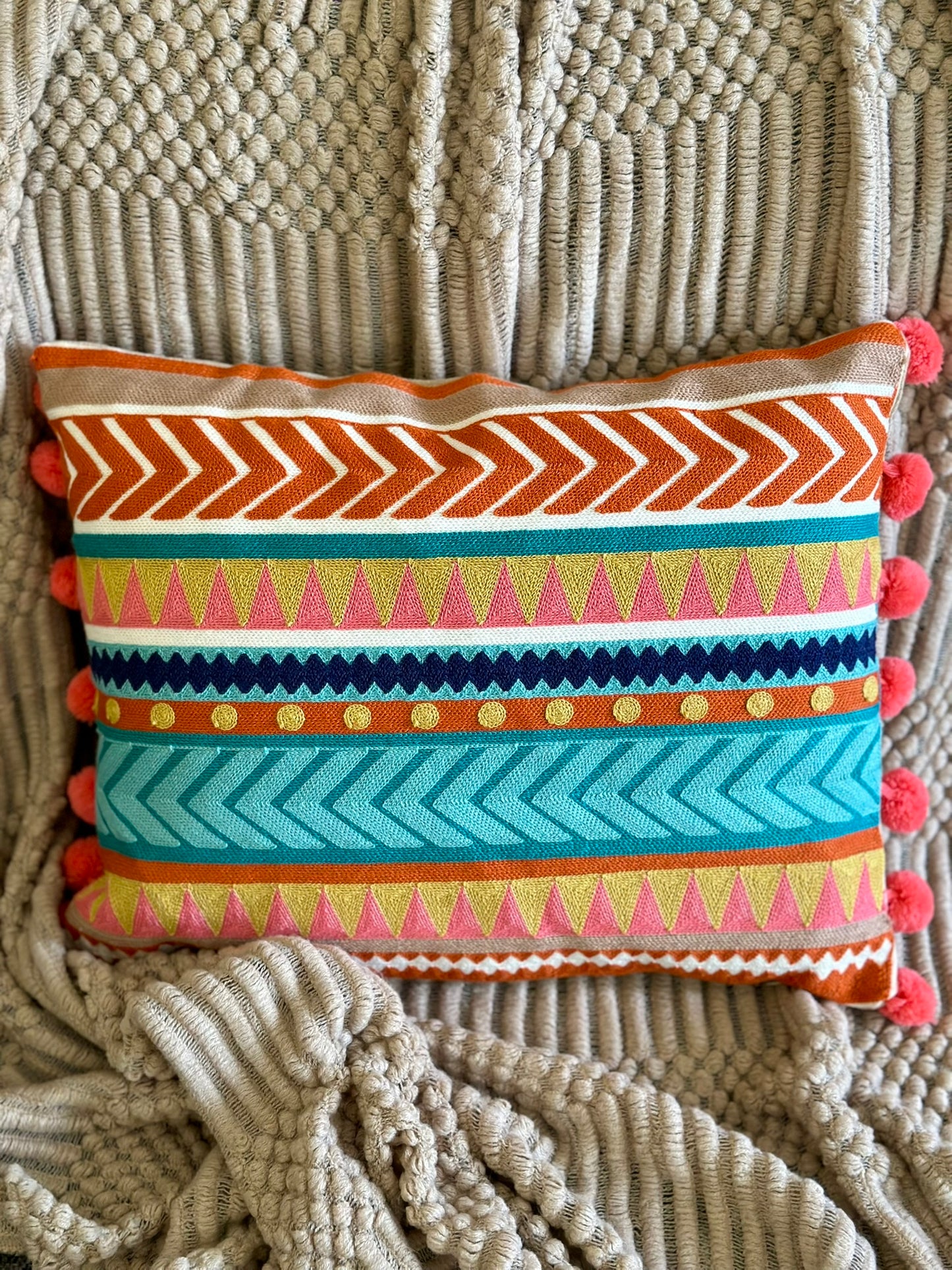 Boho Tribal Pattern Cushion – Multicolor with Pom-Pom Sides CODE 3325