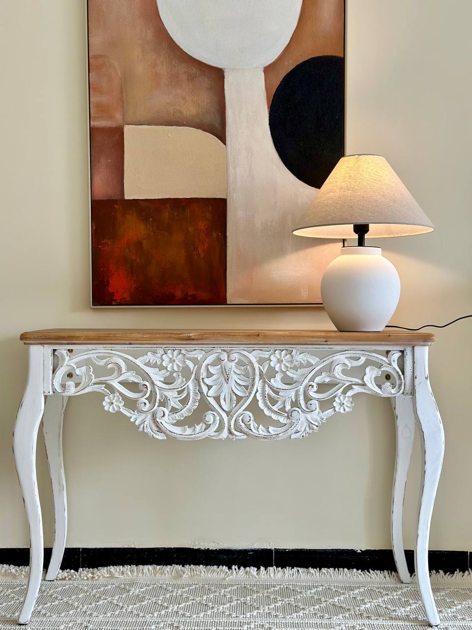 Hand-Carved Floral Console Table – White with Natural Wood Top Vintage Consul Length 111 cm X Height 77 cm X Depth 40 cm
