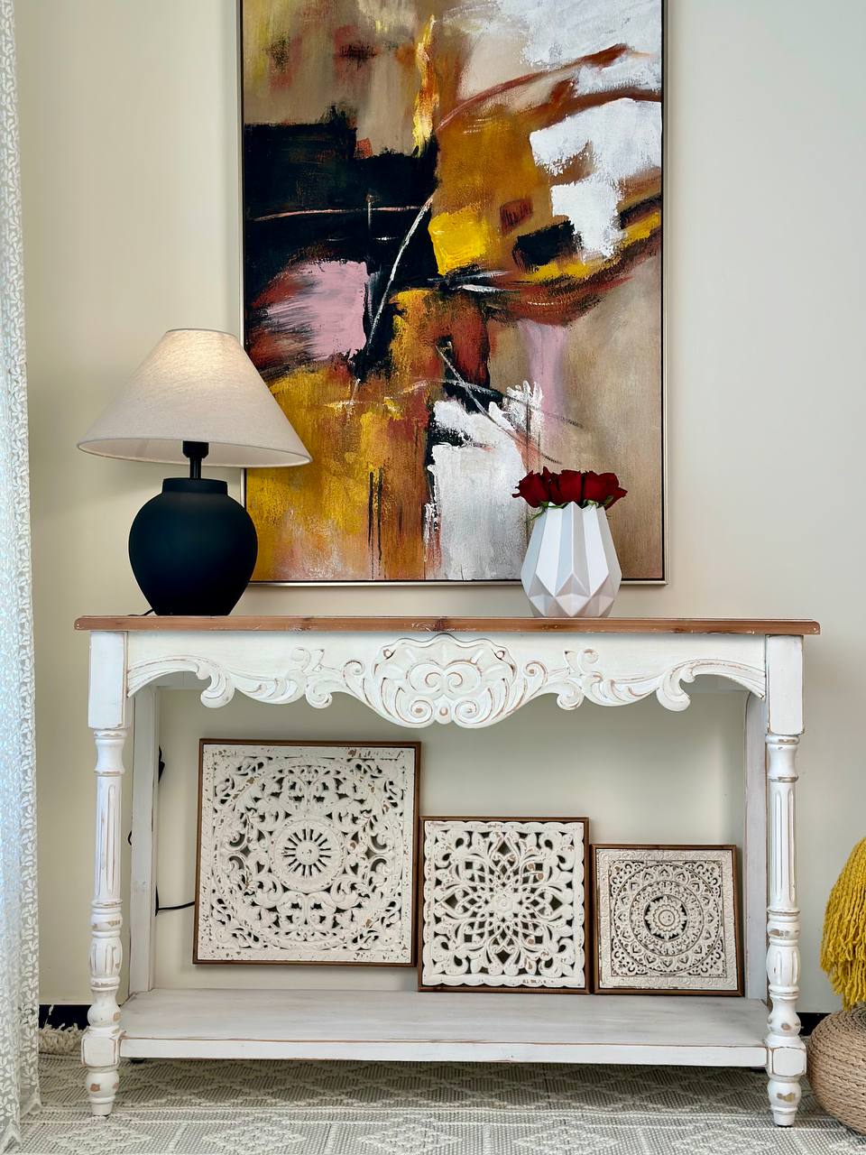 White Carved Boho Console Table with Natural Wood Top Vintage Console