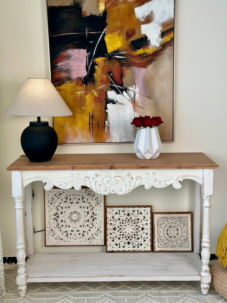 White Carved Boho Console Table with Natural Wood Top Vintage Console
