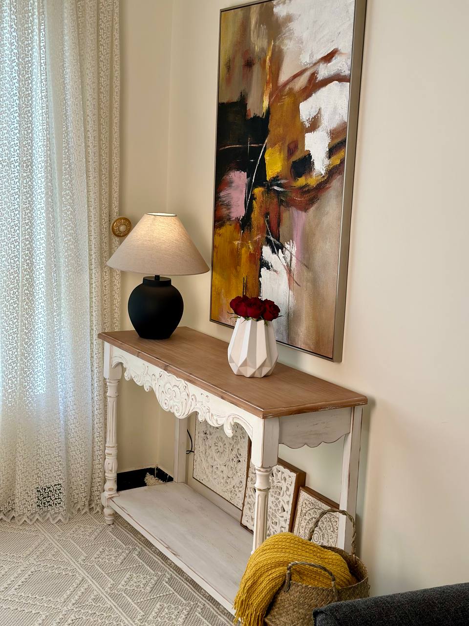 White Carved Boho Console Table with Natural Wood Top Vintage Console