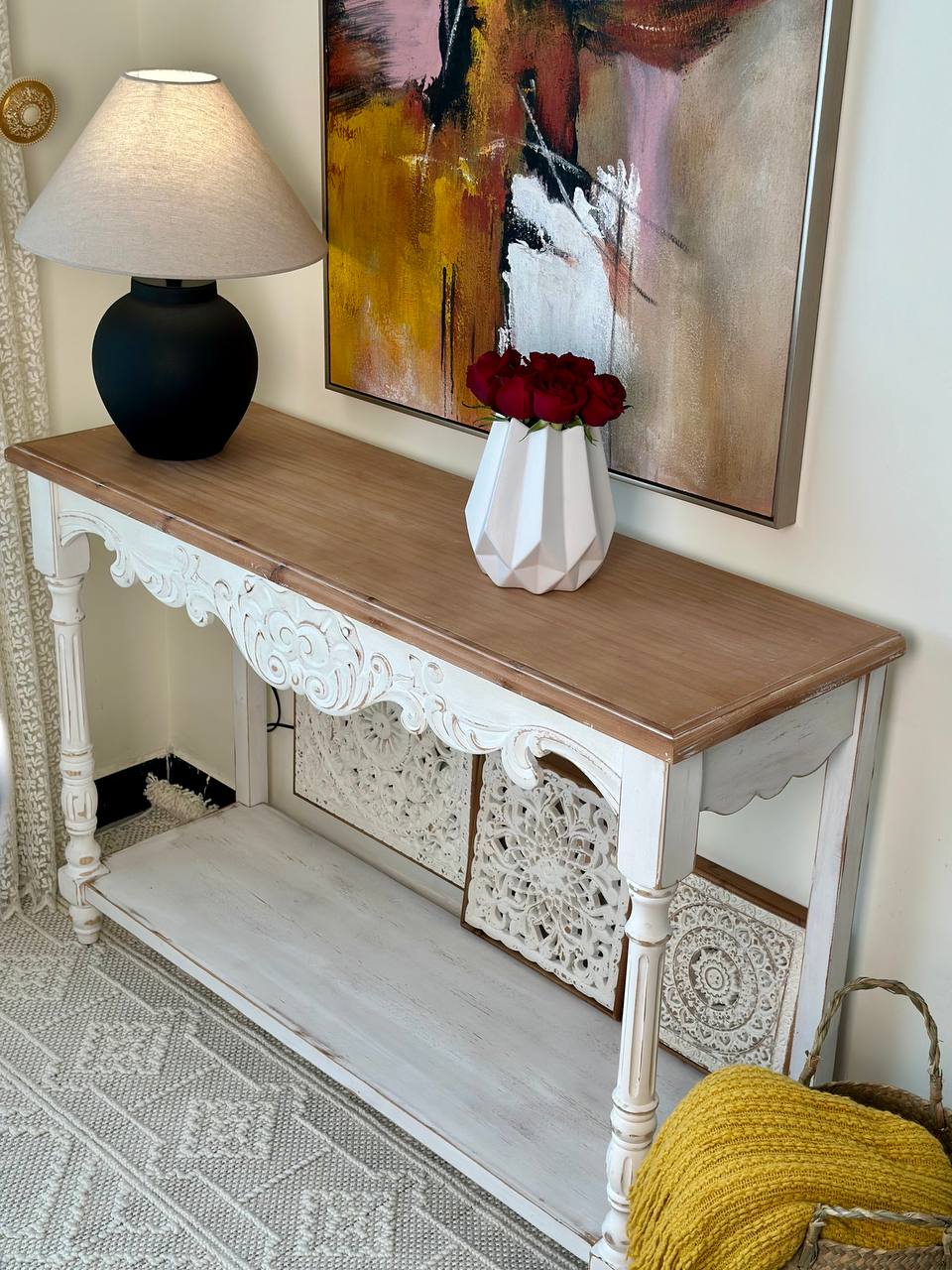 White Carved Boho Console Table with Natural Wood Top Vintage Console