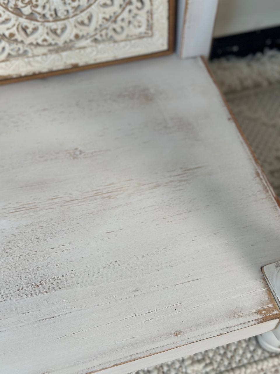 White Carved Boho Console Table with Natural Wood Top Vintage Console