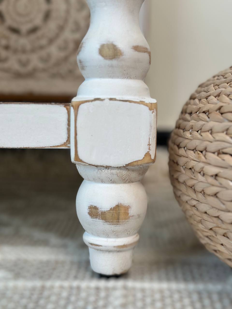 White Carved Boho Console Table with Natural Wood Top Vintage Console