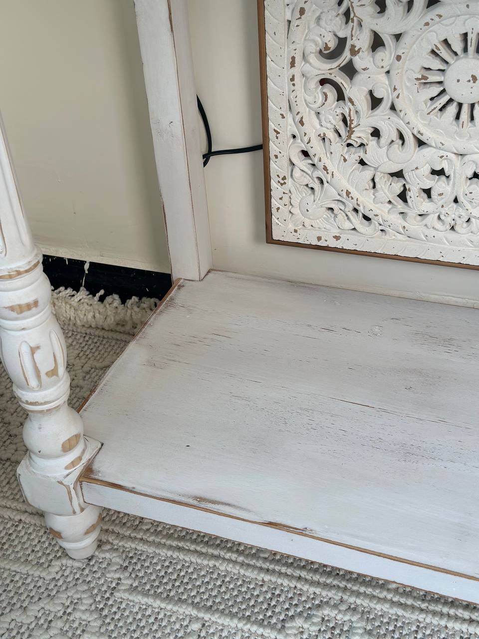 White Carved Boho Console Table with Natural Wood Top Vintage Console