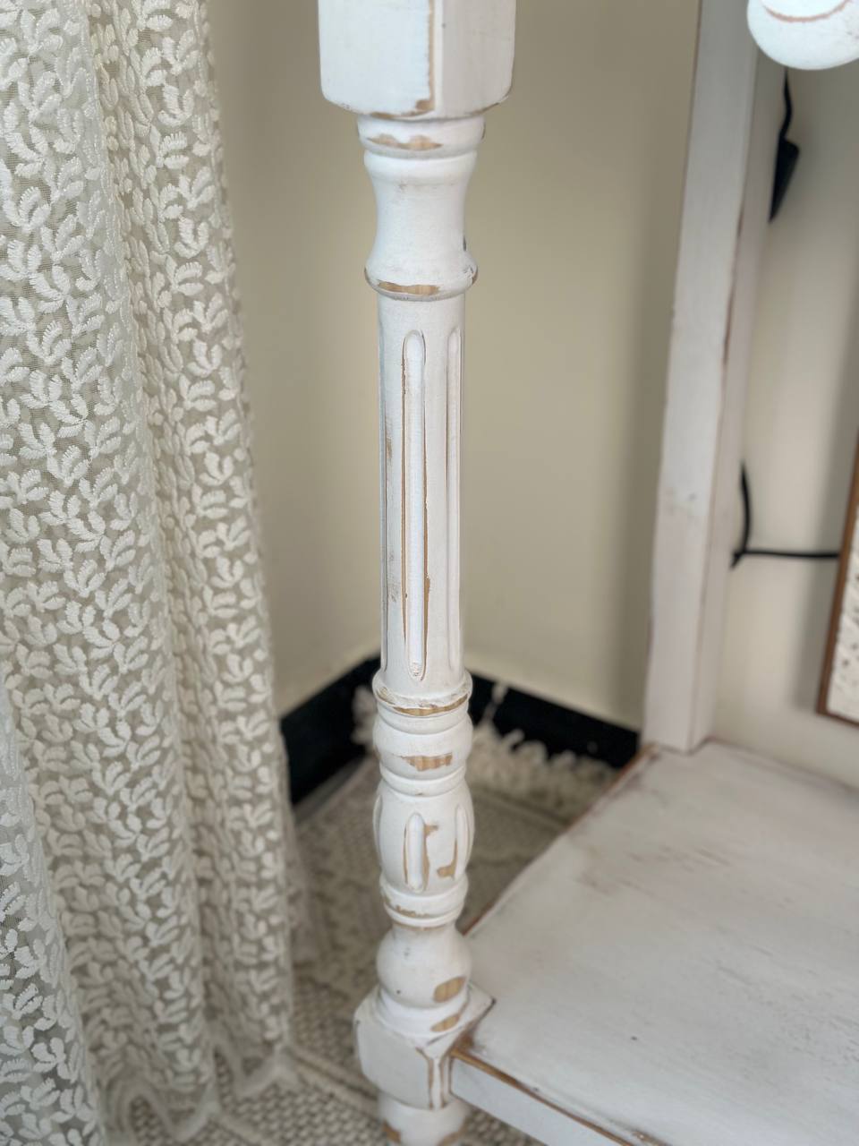White Carved Boho Console Table with Natural Wood Top Vintage Console