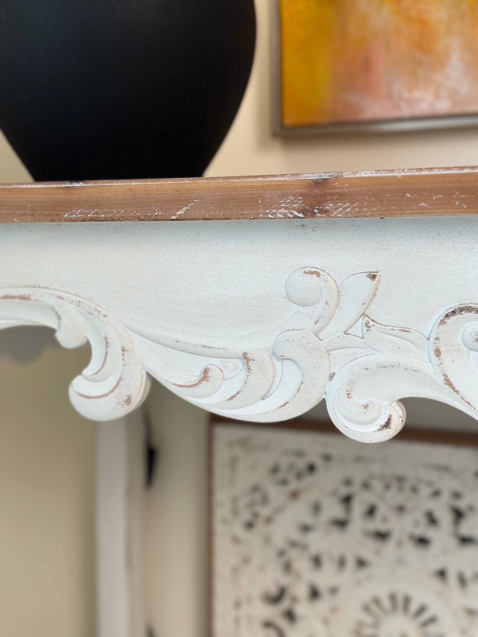 White Carved Boho Console Table with Natural Wood Top Vintage Console