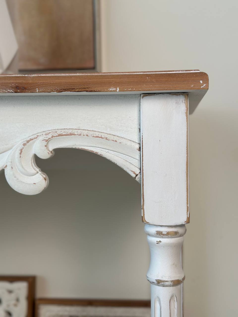 White Carved Boho Console Table with Natural Wood Top Vintage Console