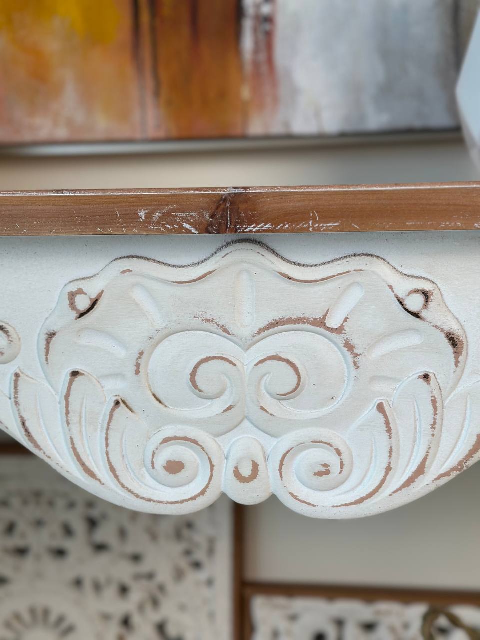 White Carved Boho Console Table with Natural Wood Top Vintage Console