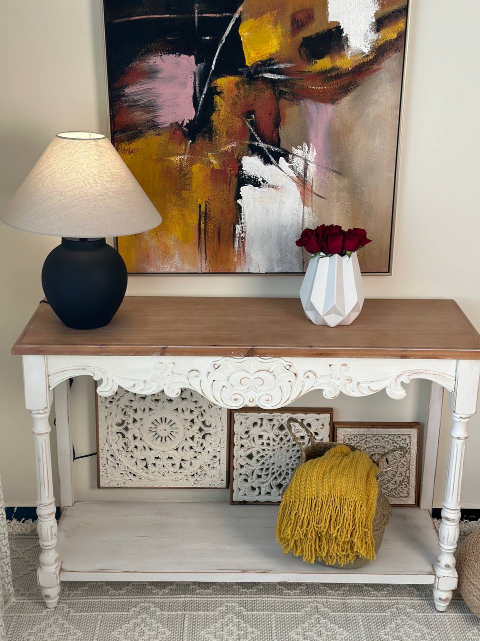 White Carved Boho Console Table with Natural Wood Top Vintage Console