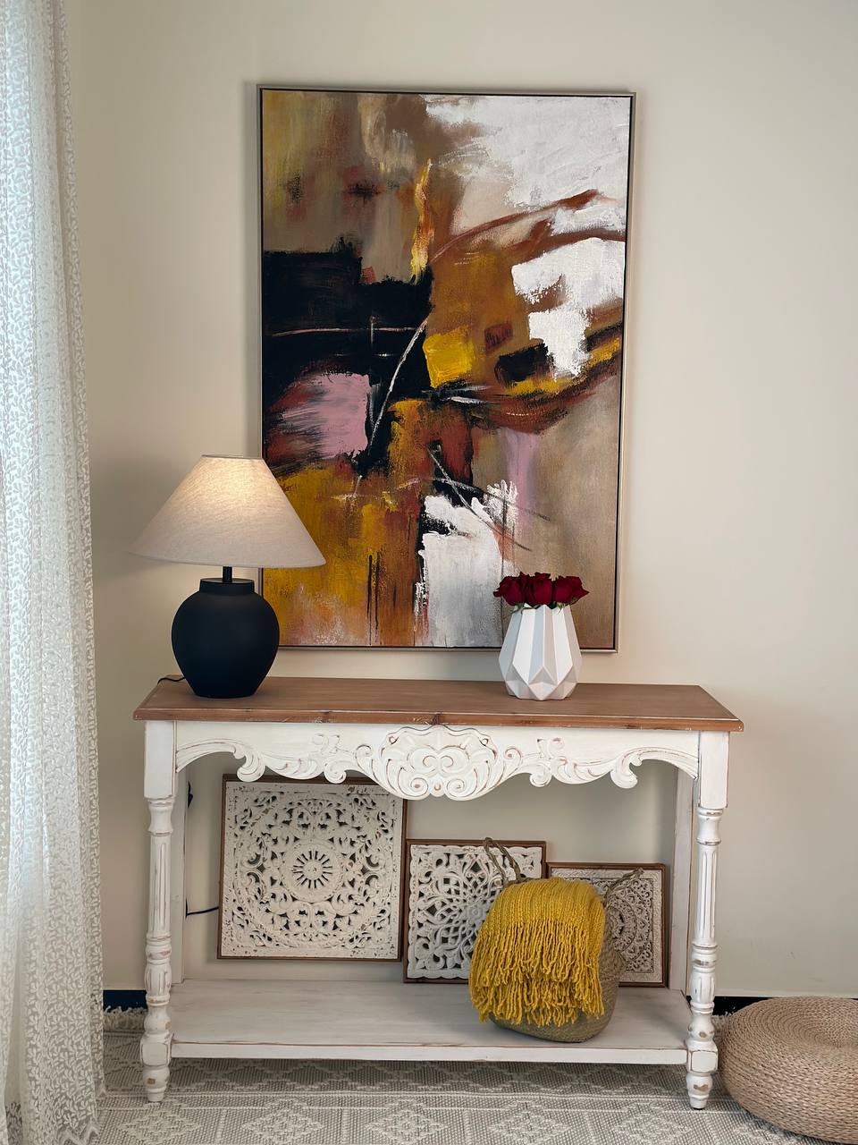 White Carved Boho Console Table with Natural Wood Top Vintage Console