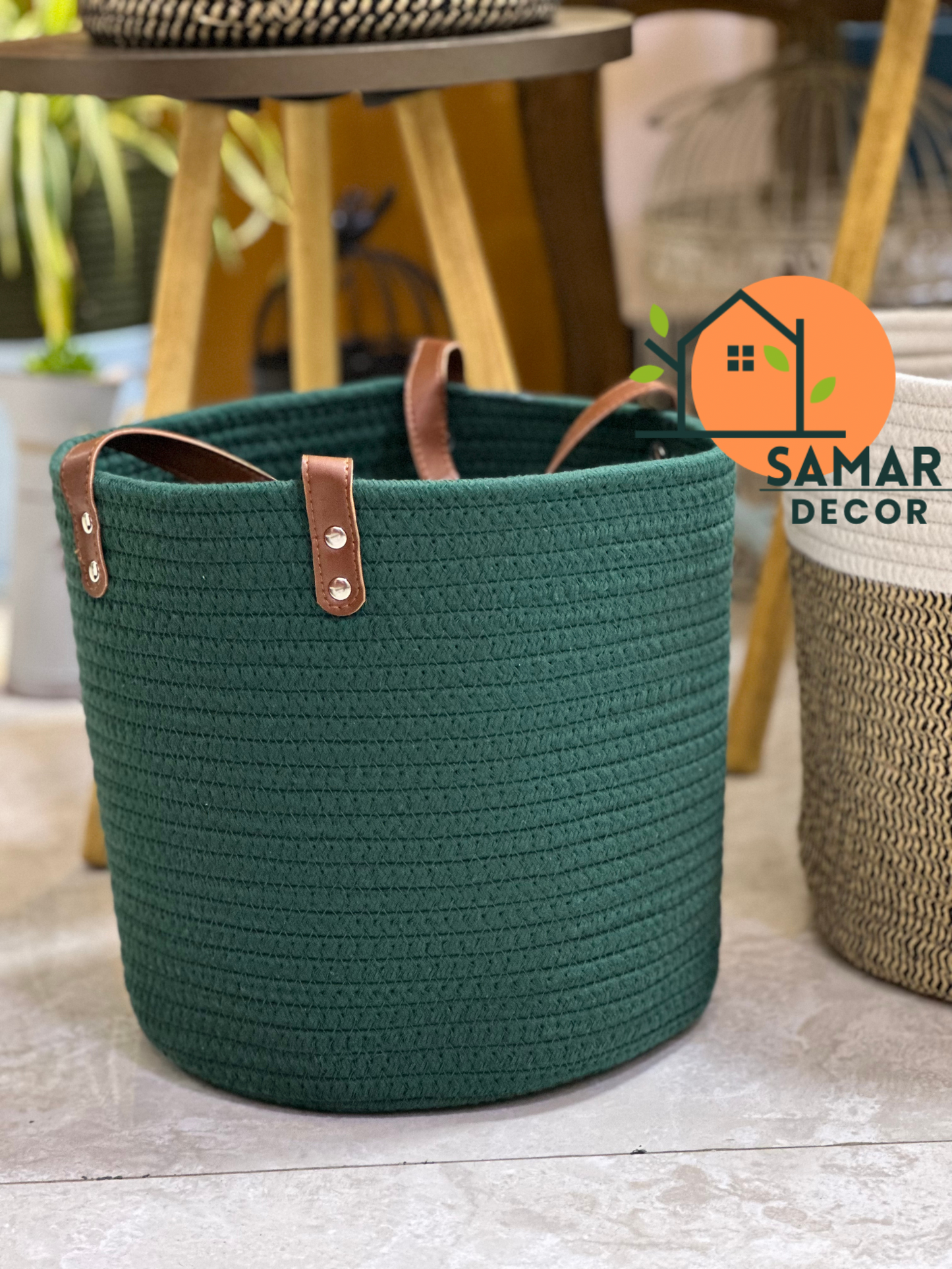 Green Braided Cotton Basket with Leather Handles