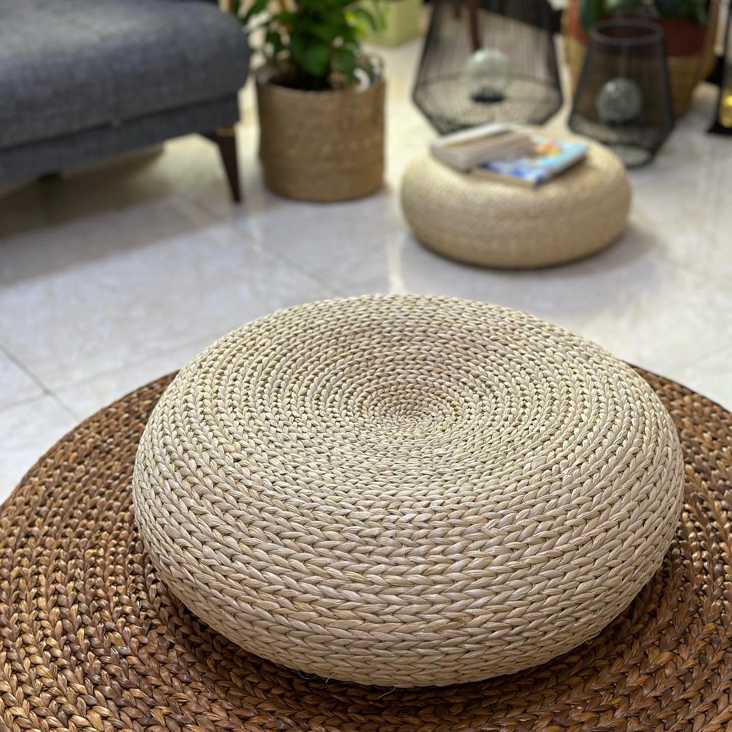 Natural Woven Round Ottoman Pouf | Boho Seagrass Style CODE 3701
