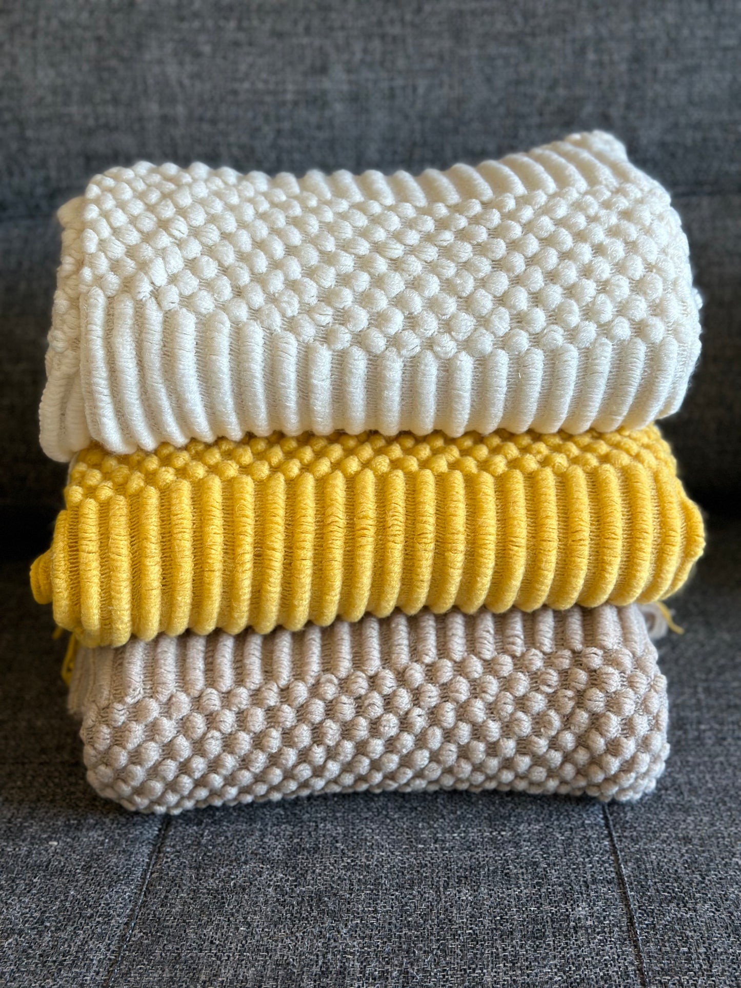 Textured Cream Knitted Throw Blanket with Fringe CODE 3329 off-white