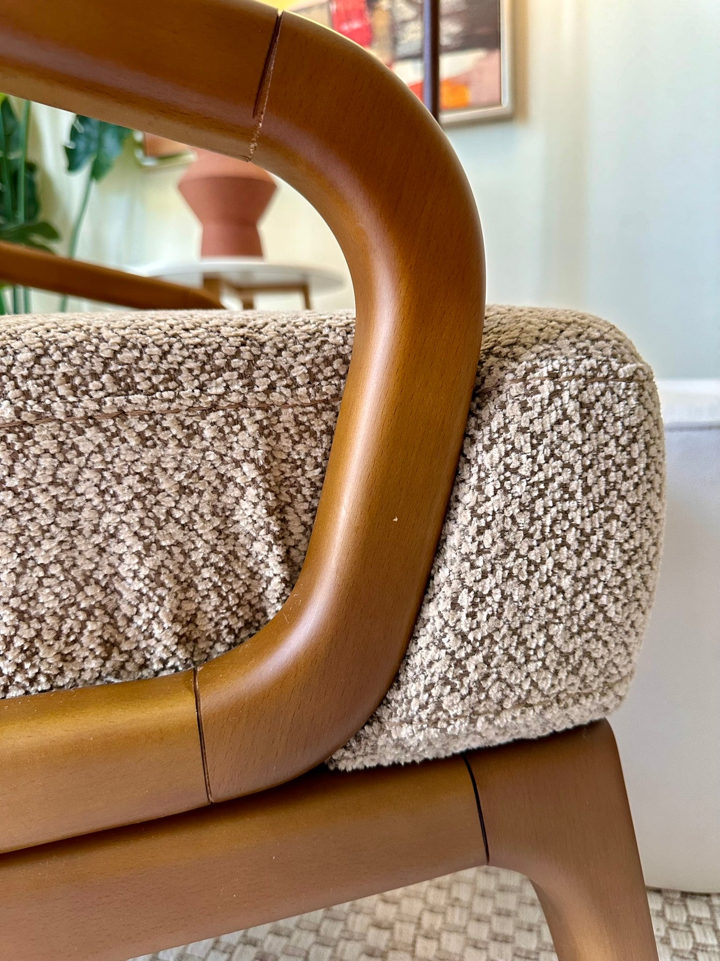 Modern Accent Armchair – Wooden Frame and Beige Fabric Upholstery