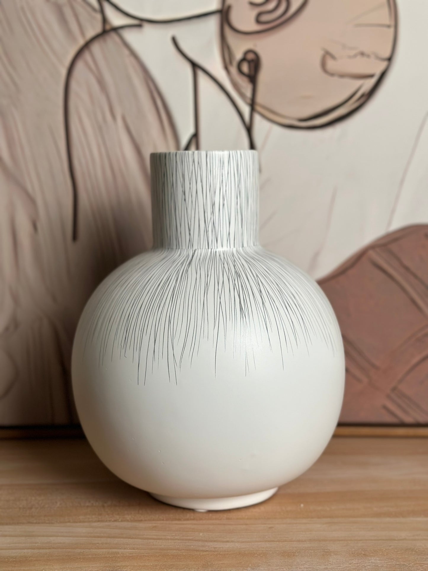 Etched Line Globe Vase – Matte White with Fine Detailing Vase CODE 3514