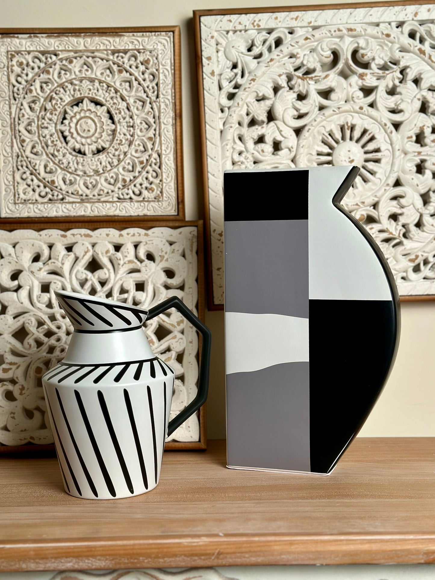 Striped Ceramic Pitcher Vase – Black & White Graphic Design Vase CODE 3518