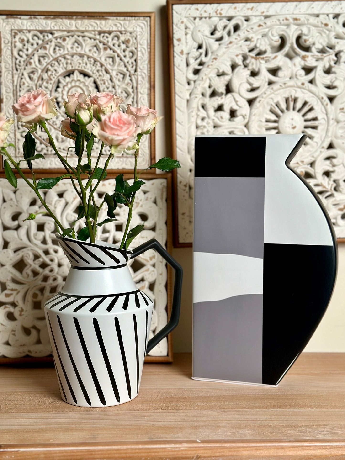 Striped Ceramic Pitcher Vase – Black & White Graphic Design Vase CODE 3518