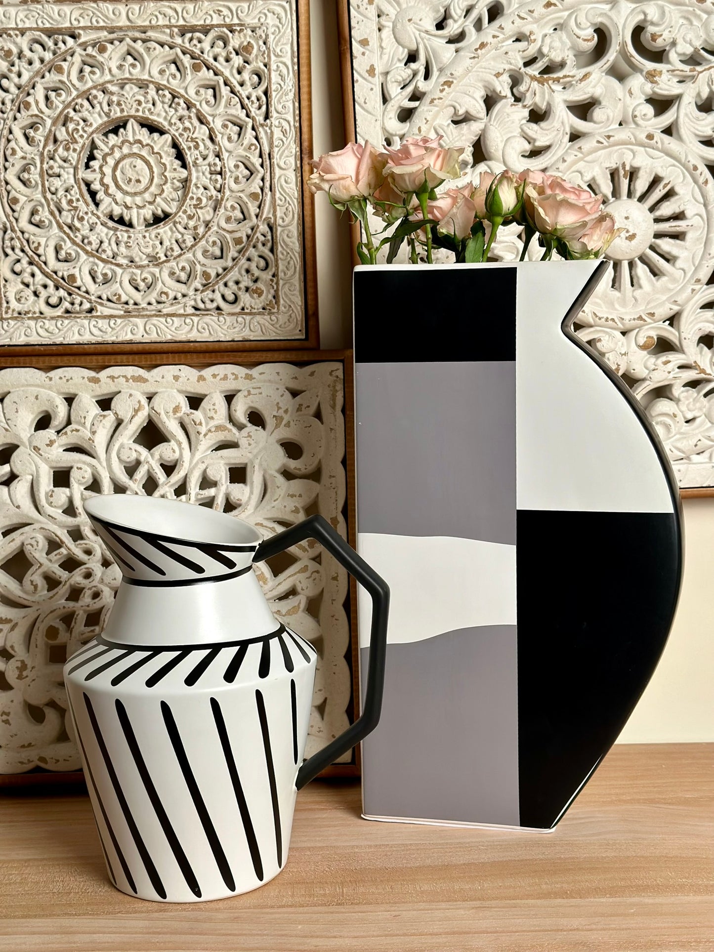 Abstract Block Vase – Black, White & Gray Graphic Design Vase CODE 3517