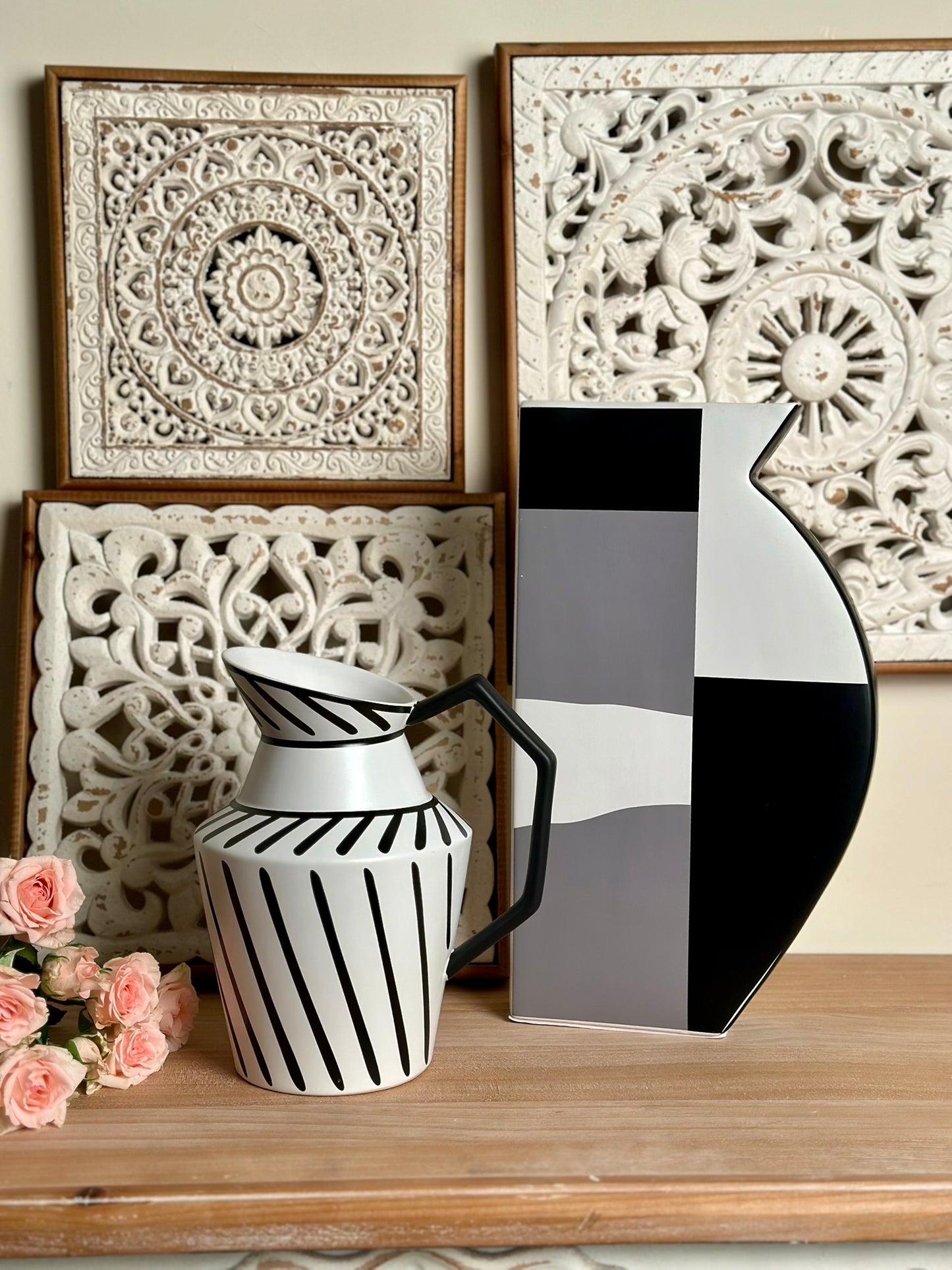 Abstract Block Vase – Black, White & Gray Graphic Design Vase CODE 3517