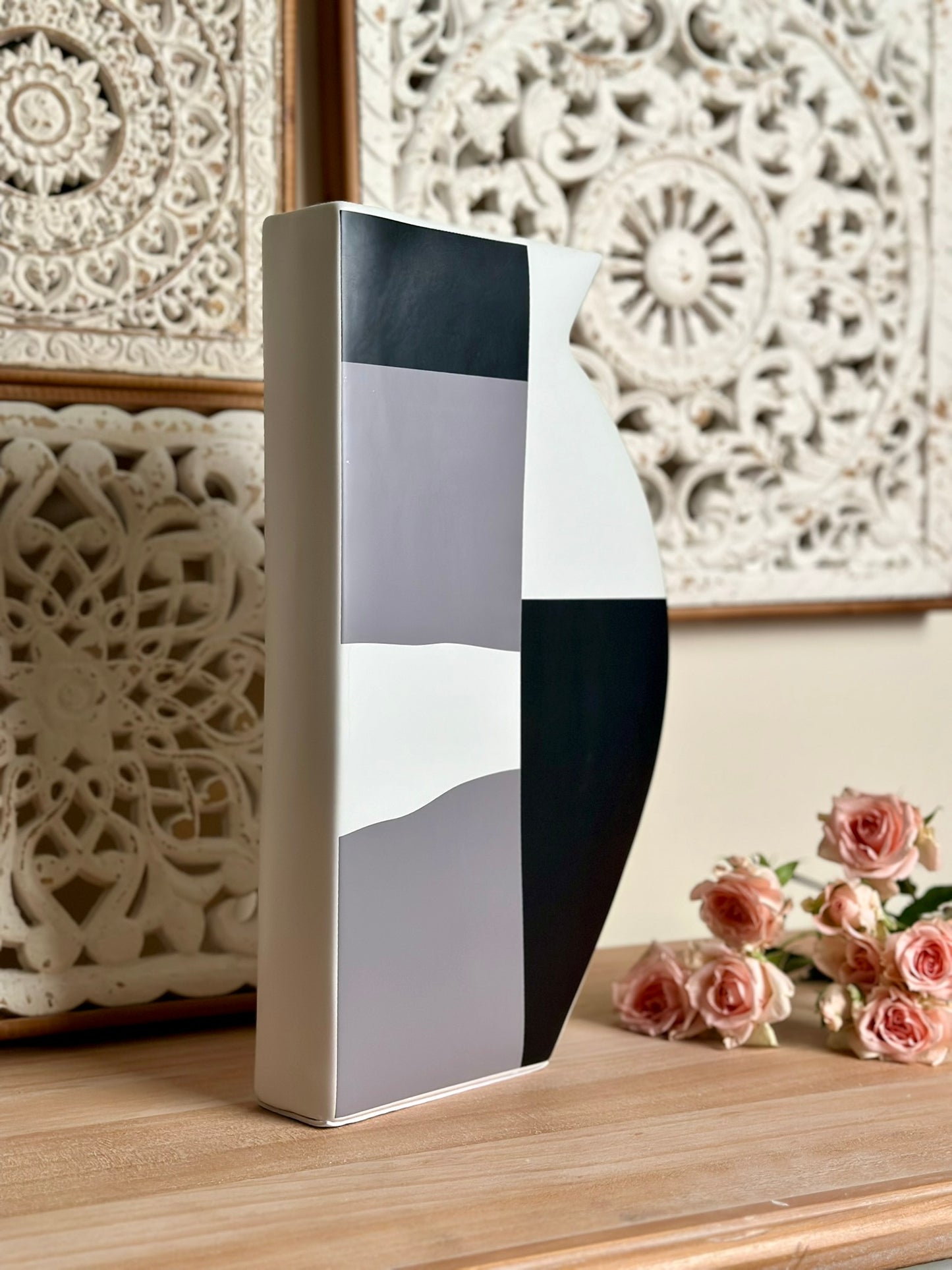 Abstract Block Vase – Black, White & Gray Graphic Design Vase CODE 3517